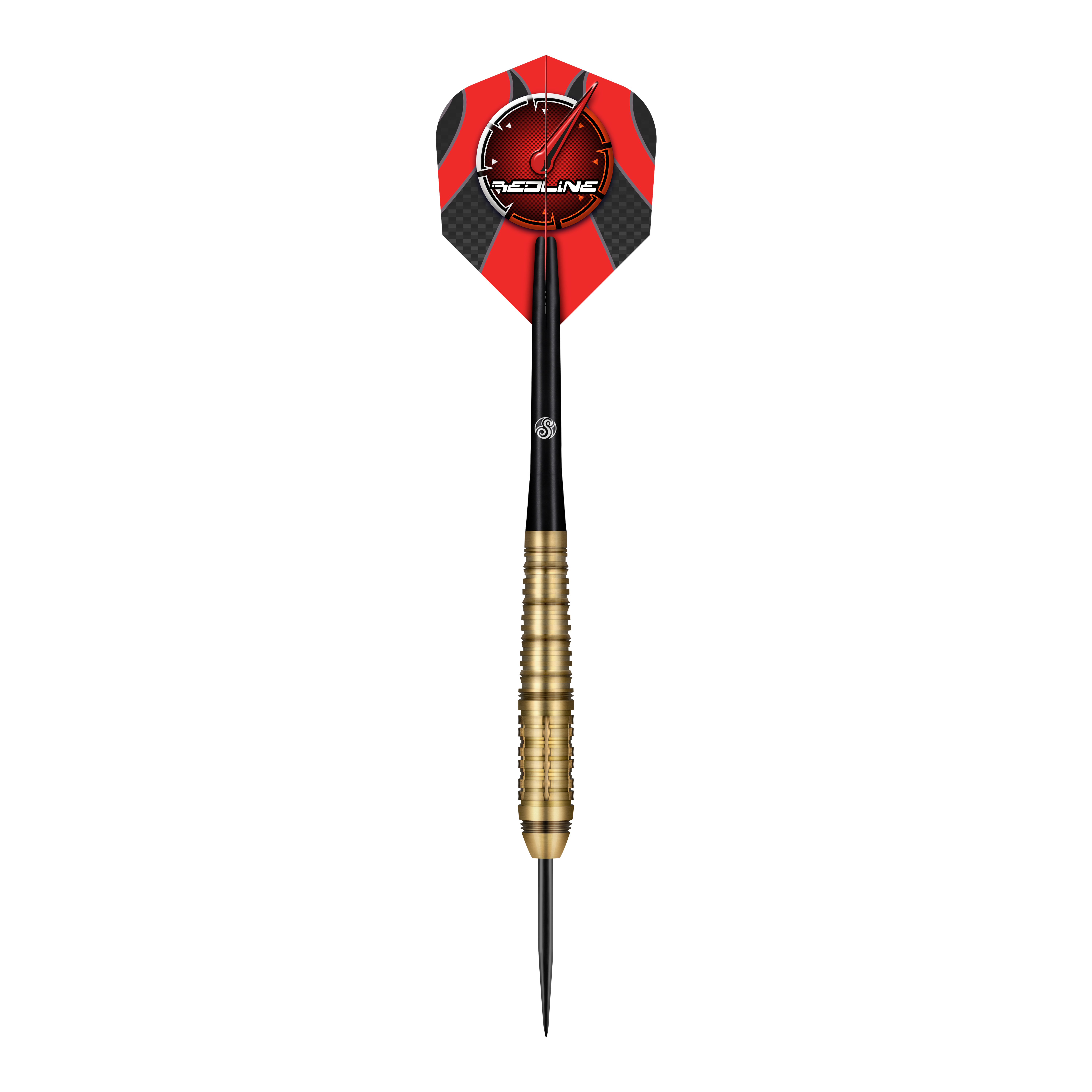 Shot Redline Mach 1 stalen darts Das Bild zeigt einen Steeldartpfeil mit goldfarbenem Griff und schwarzer Spitze. Die Dartflügel sind rot-schwarz gestaltet und tragen das "Redline"-Logo.