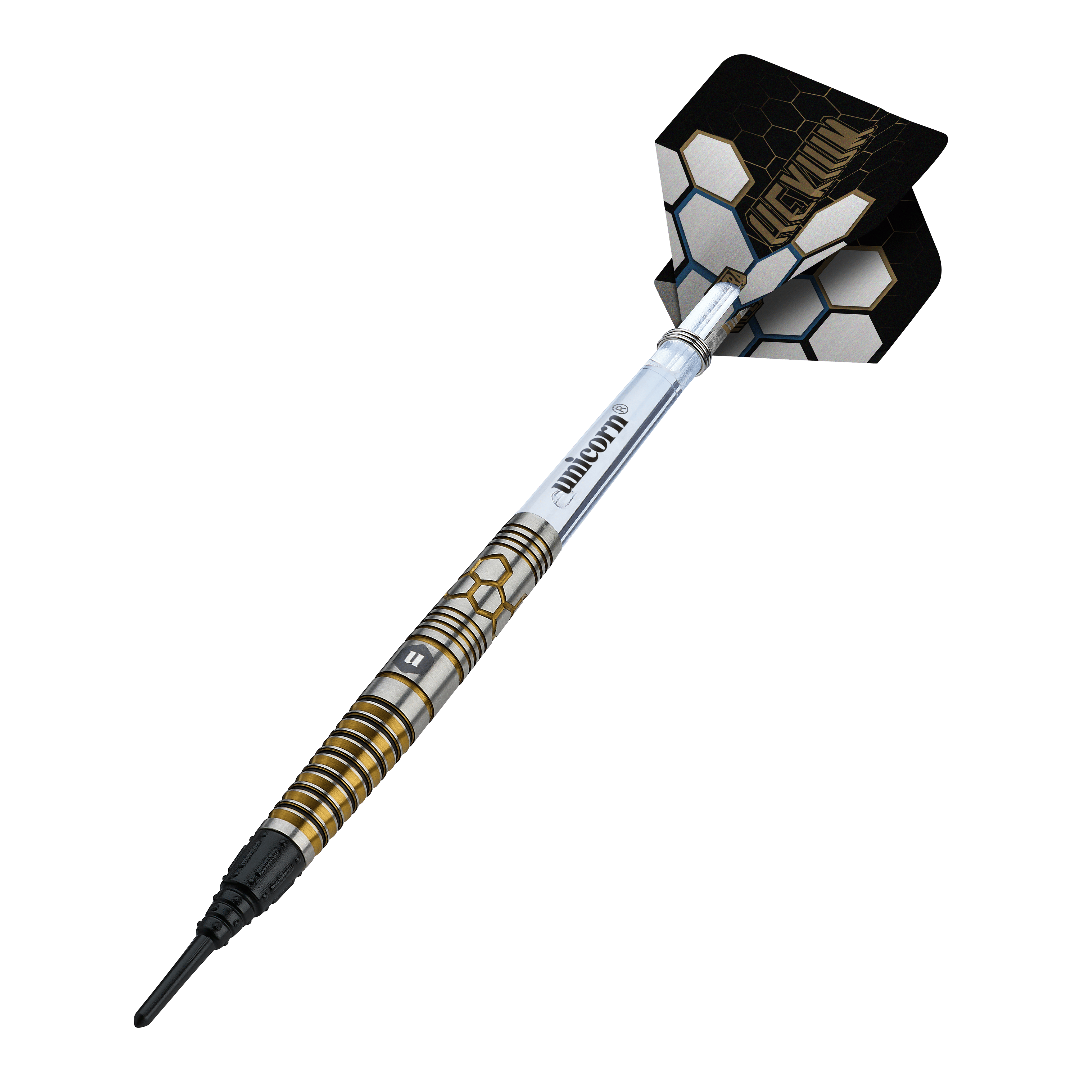 Auf diesem Bild sind Unicorn Hexium Style 03 Gold & Black Softdarts, 23g, dargestellt. Die Pfeile kombinieren goldene und schwarze Elemente im Design.