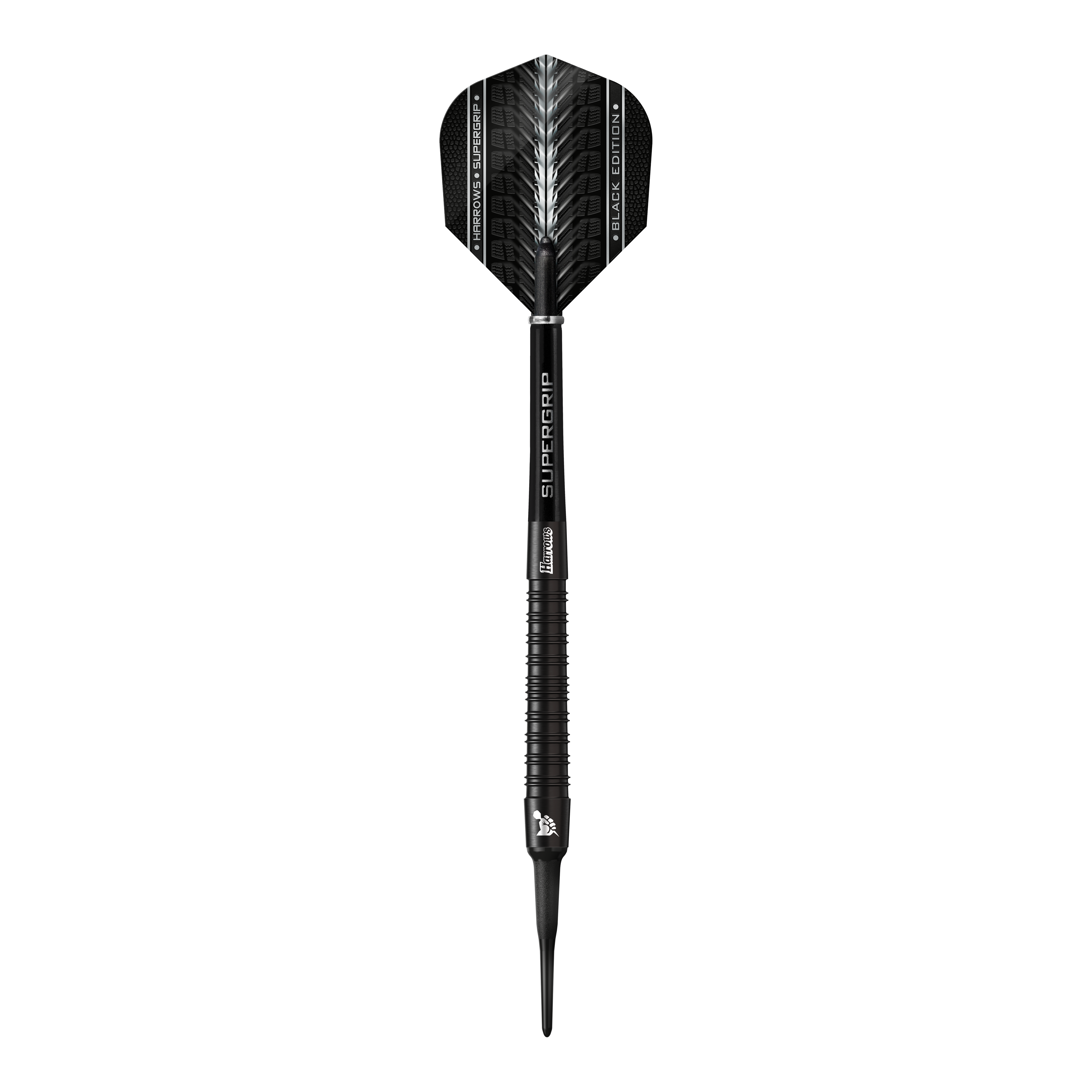 Harrows Supergrip Black Edition zachte darts Das Bild zeigt einen Harrows Supergrip Black-Edition Softdart. Der Dart ist komplett in Schwarz gehalten und hat ein modernes, elegantes Design.