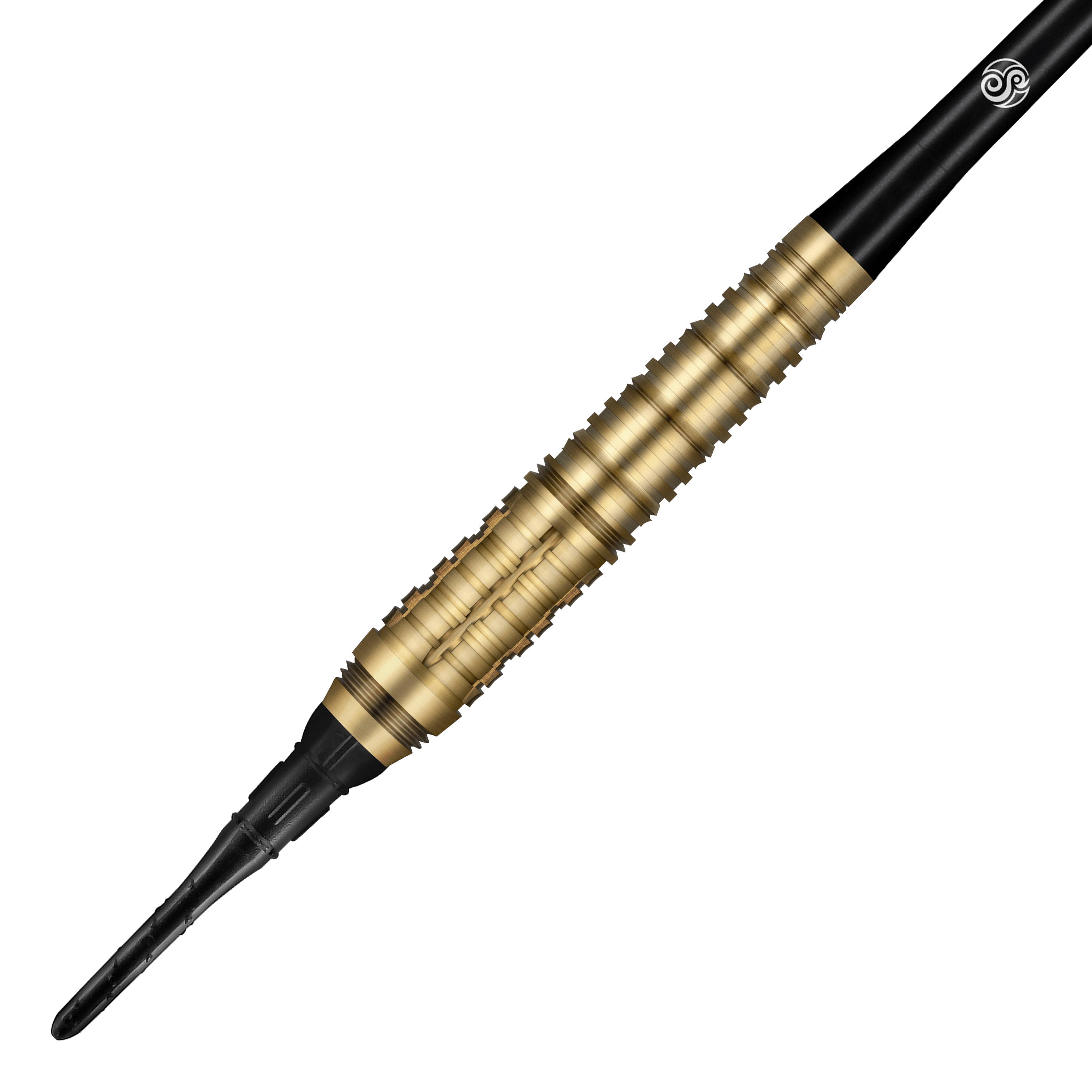 Shot Redline Mach 1 zachte dartpijlen - 20g Auf dem Bild ist ein Shot Redline Mach 1 Softdart mit einem Gewicht von 20g zu sehen. Der Dartpfeil hat einen goldfarbenen, geriffelten Griff und eine schwarze Spitze.