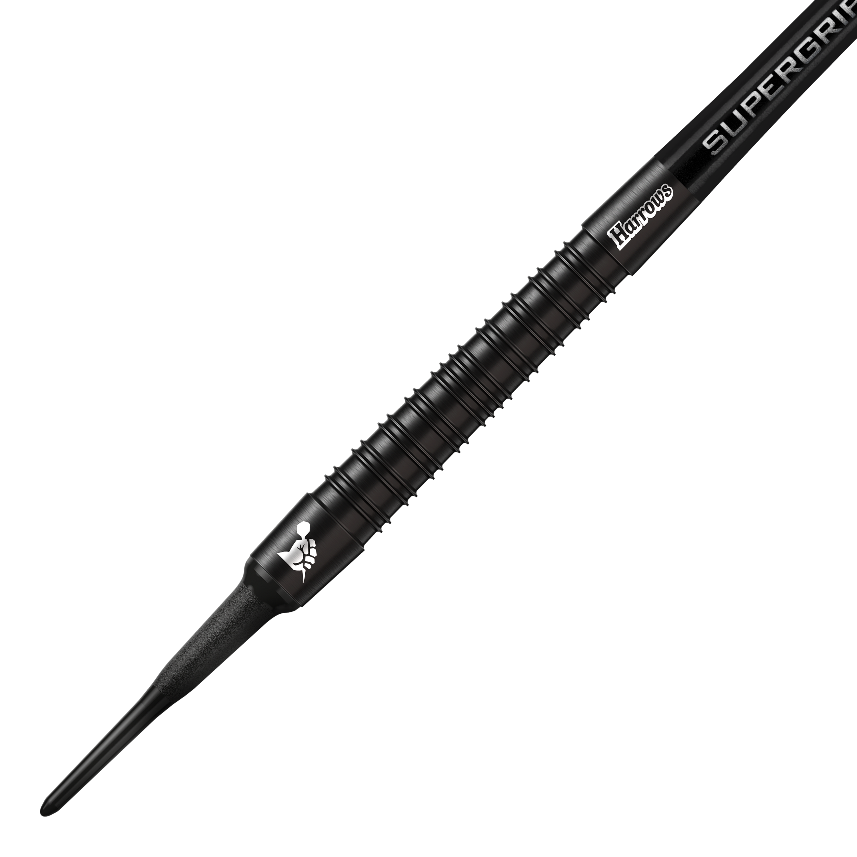 Harrows Supergrip Black Edition zachte darts Das Bild zeigt einen Harrows Supergrip Black-Edition Softdart. Der Dart ist komplett schwarz und hat eine strukturierte Griffoberfläche.