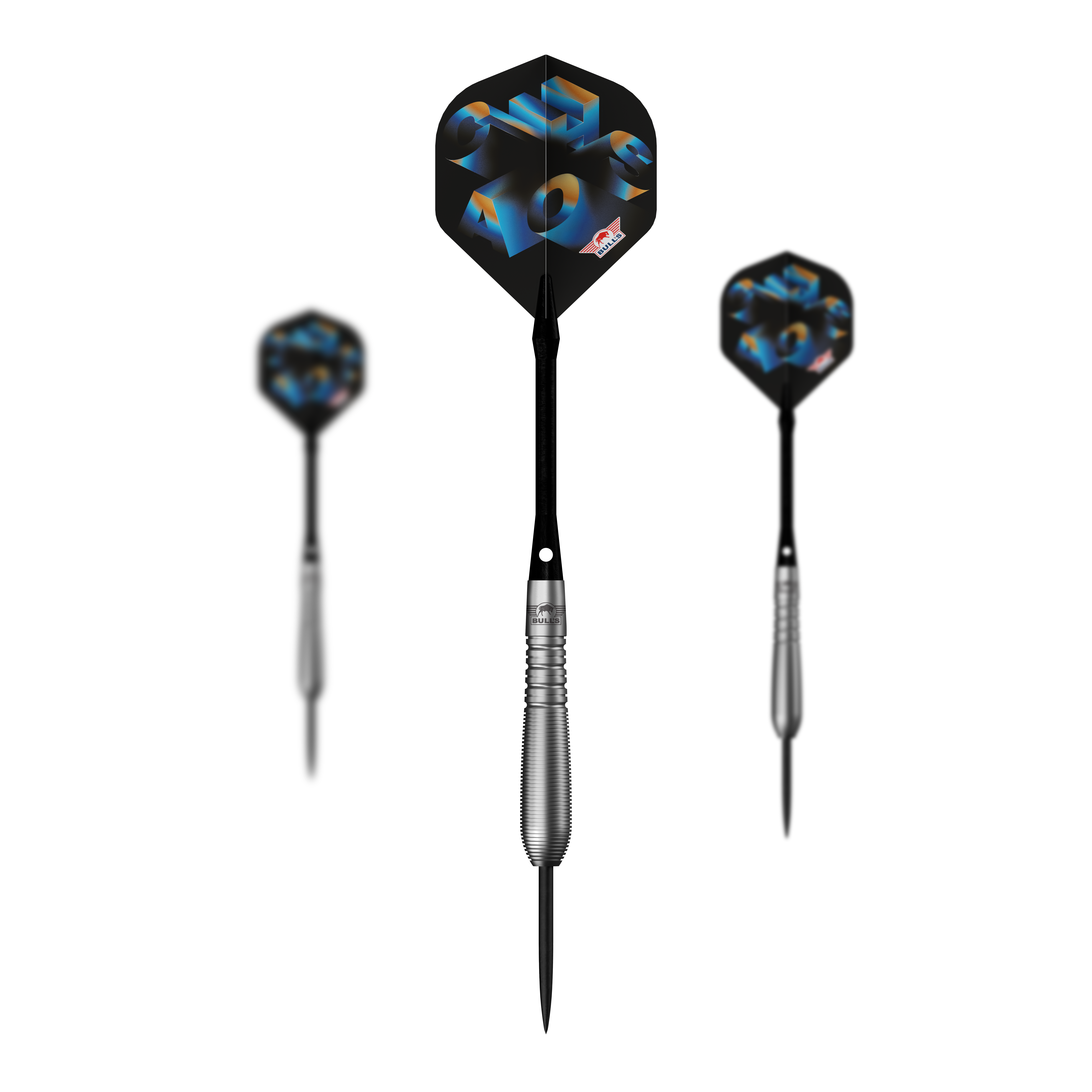 Das Bild zeigt ein Set der Bulls NL Chaos Blue Steeldarts - 23g. Das Set besteht aus mehreren blauen Steeldarts.