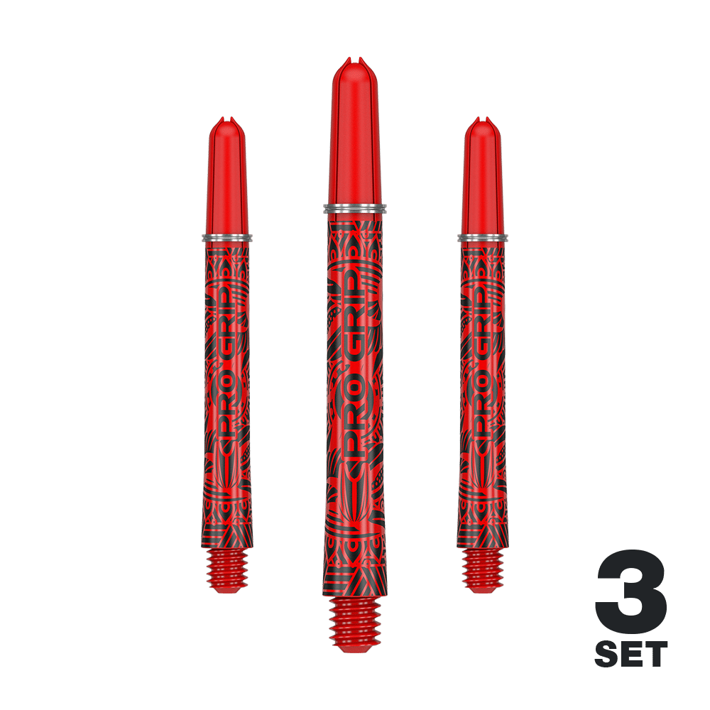 Auf dem Bild sind drei rote Dartschäfte mit schwarzem Muster und der Aufschrift "PRO GRIP" zu sehen. In der rechten unteren Ecke steht "3 SET".