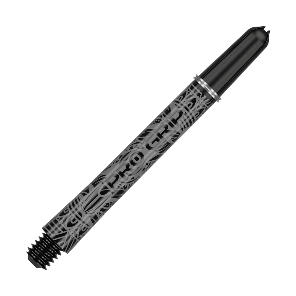 Das Bild zeigt einen schwarzen Dartshaft mit der Aufschrift "PRO GRIP". Der Schaft hat ein modernes, gemustertes Design und ist 48 mm lang.