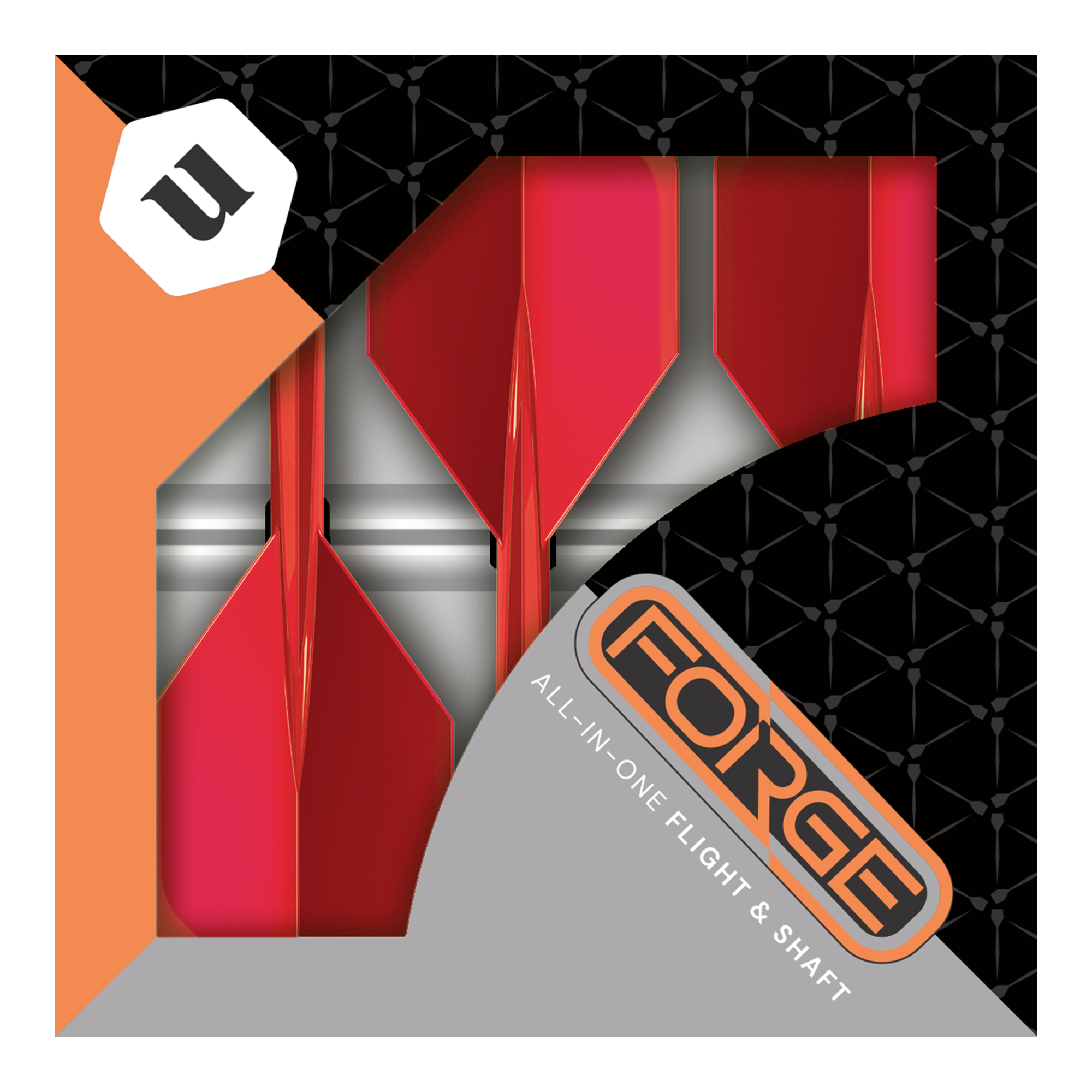 Unicorn Forge All In One Plus No2 Standaard Vluchten Rood - Medium Das Bild zeigt eine Packung mit roten Unicorn Forge All In One Plus No2 Standard Flights in mittlerer Größe. Die Verpackung ist schwarz und orange mit dem Schriftzug "FORGE" und "ALL-IN-ONE FLIGHT & SHAFT".
