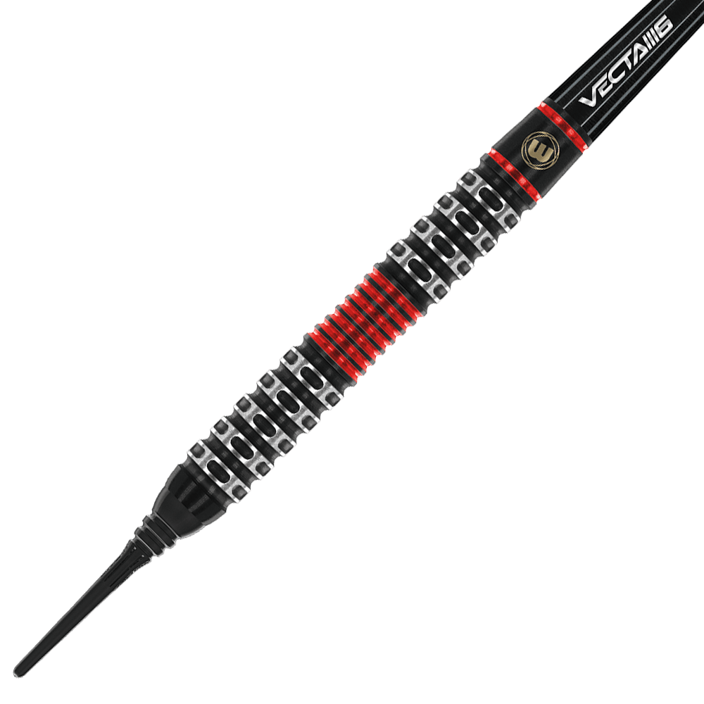 2451_Winmau_Joe_Cullen_Special_Edition_Softdarts_2 Auf dem Bild ist ein Softdartpfeil mit einem schwarzen, silbernen und roten Griff zu sehen. Der Pfeil hat ein auffälliges, geriffeltes Muster und die Aufschrift "VECTA" auf dem Schaft.