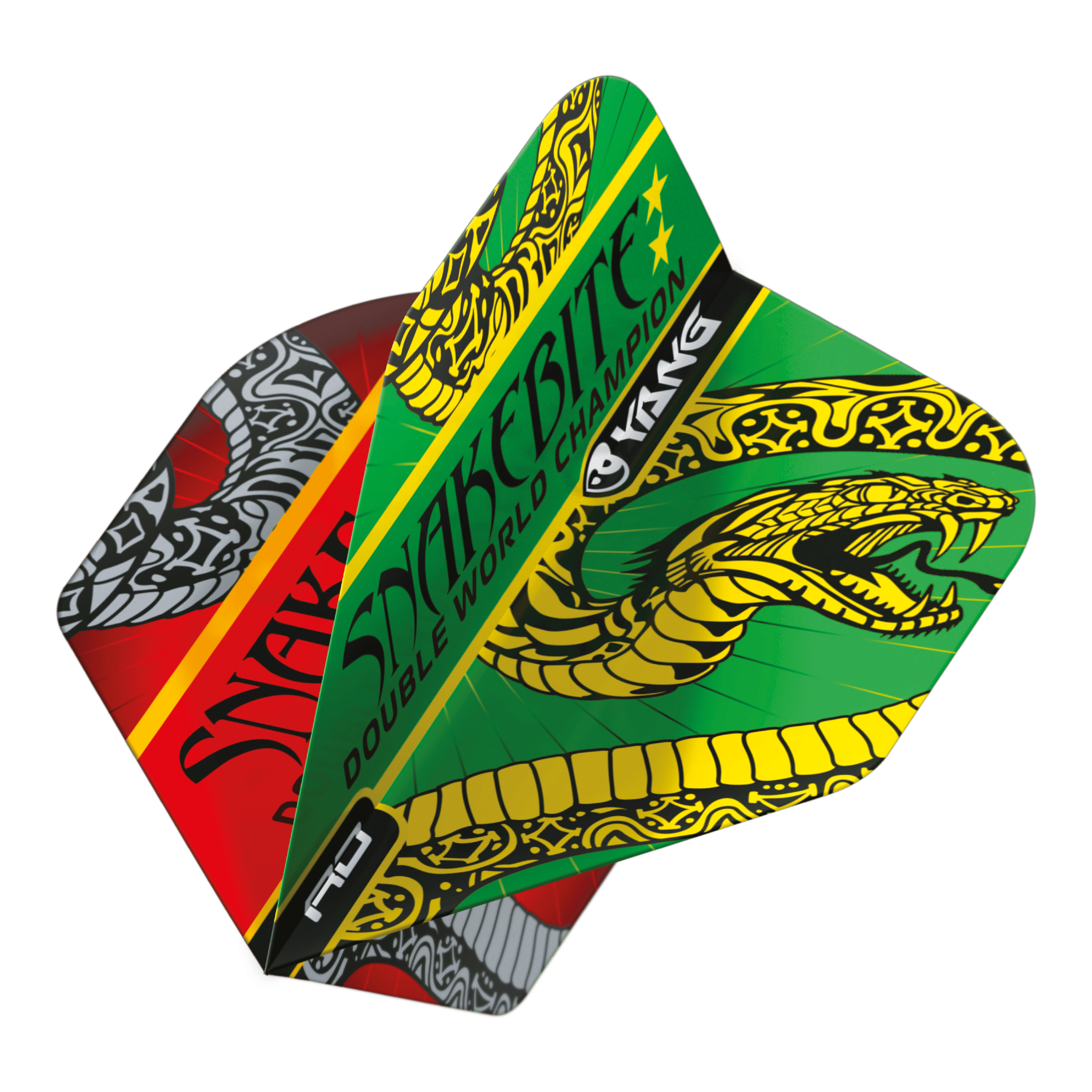 Red Dragon Peter Wright Slangenbeet Rood Groen Yin Yang Standaardvluchten Das Bild zeigt die Dart-Flights "Red Dragon Peter Wright Snakebite Red Green Yin Yang Standard Flights." Die Flights sind farbenfroh gestaltet und zeigen einen auffälligen Schlangen-Grafik sowie den Schriftzug "Snakebite."