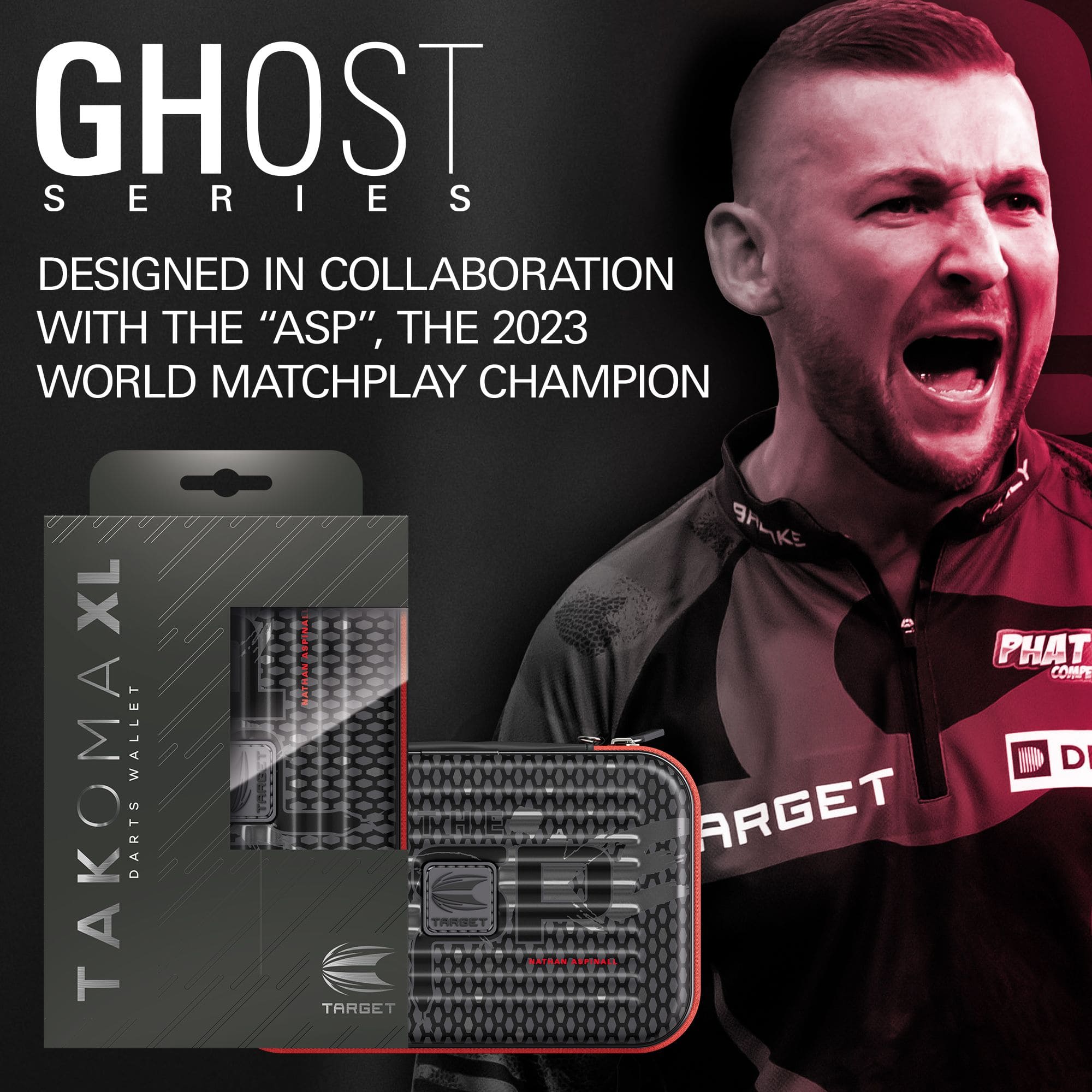 Takoma XL Ghost Series Nathan Aspinall darthoes Takoma XL Ghost Series Nathan Aspinall Dartcase, fotografiert auf weißem Hintergrund. Das Produkt ist Teil der Ghost Series und richtet sich an Dartspieler.