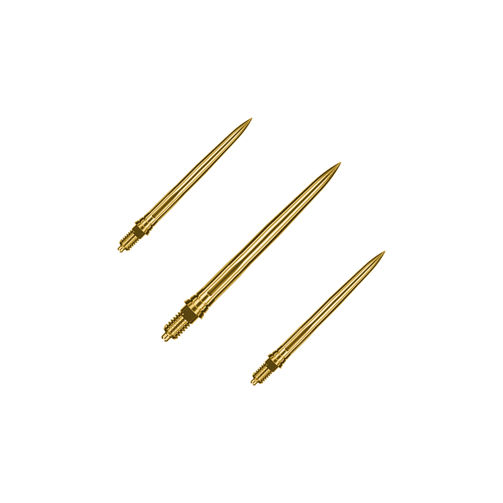 Caliburn EZ-EVO dartpunten - Glad - Goud Dieses Bild zeigt ein Set goldener Dartspitzen mit glatter Oberfläche, vermutlich 28mm lang. Die Spitzen sind von der Marke Caliburn EZ-EVO.