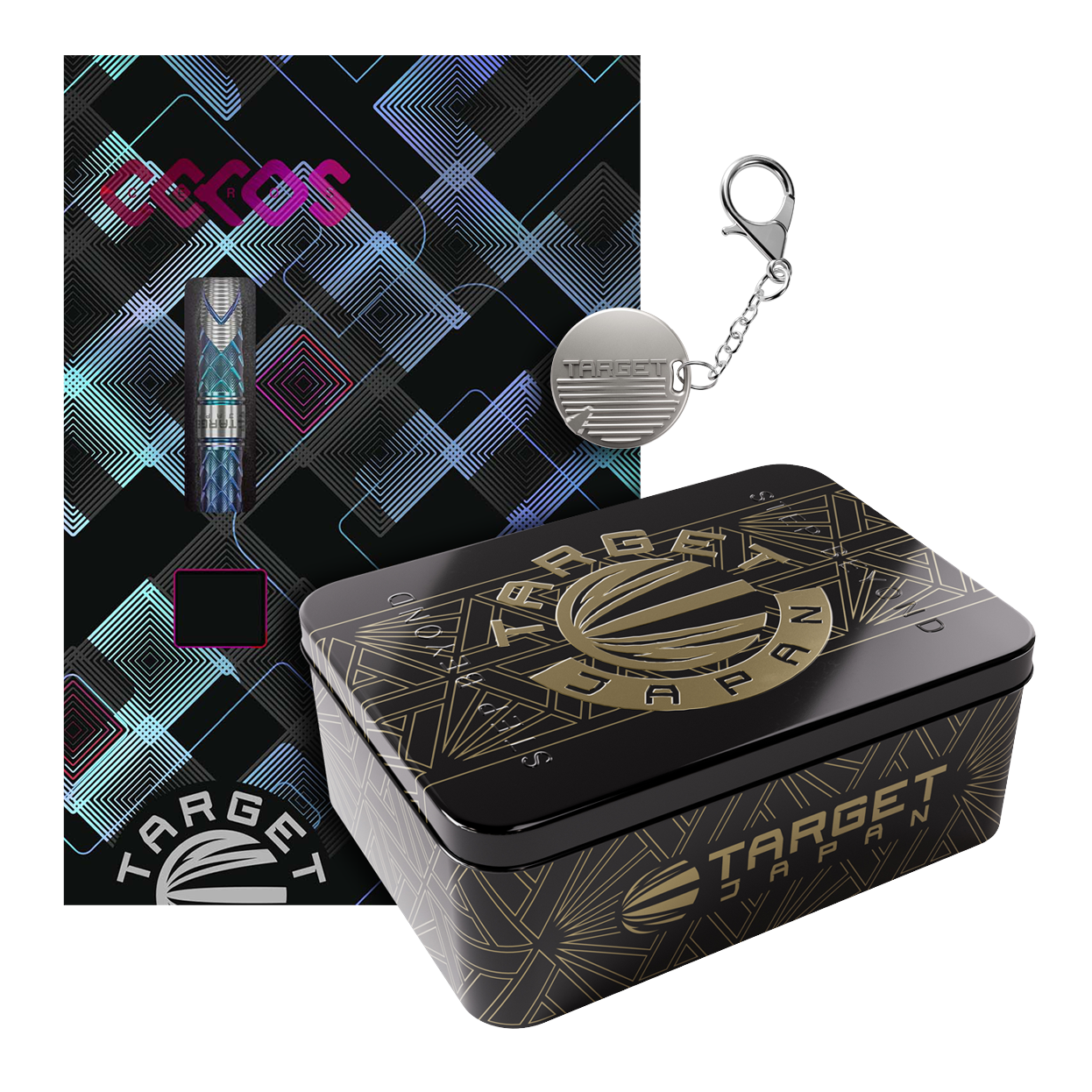 Target Japan Kaze Series Ceros 03 Steeldarts - 24g Das Bild zeigt das Produkt "Target Japan Kaze Series Ceros 03 Steeldarts - 24g" in einer dekorativen Verpackung. Neben der edlen Box ist auch ein Schlüsselanhänger mit dem Target-Logo zu sehen.