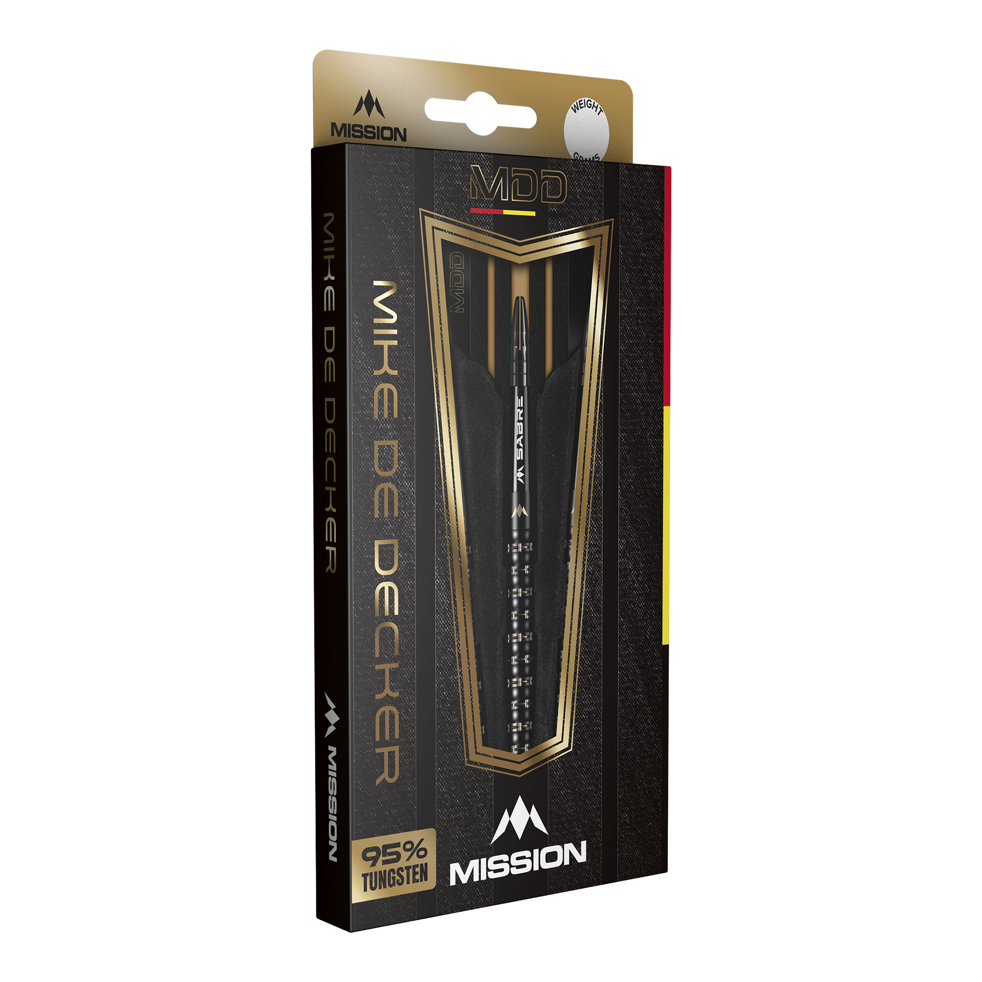 Mission Mike De Decker MDD Black Gold Steeldarts Die Verpackung zeigt die Mission Mike De Decker MDD Black Gold Steeldarts. Auf der Vorderseite steht, dass die Darts zu 95% aus Tungsten bestehen.