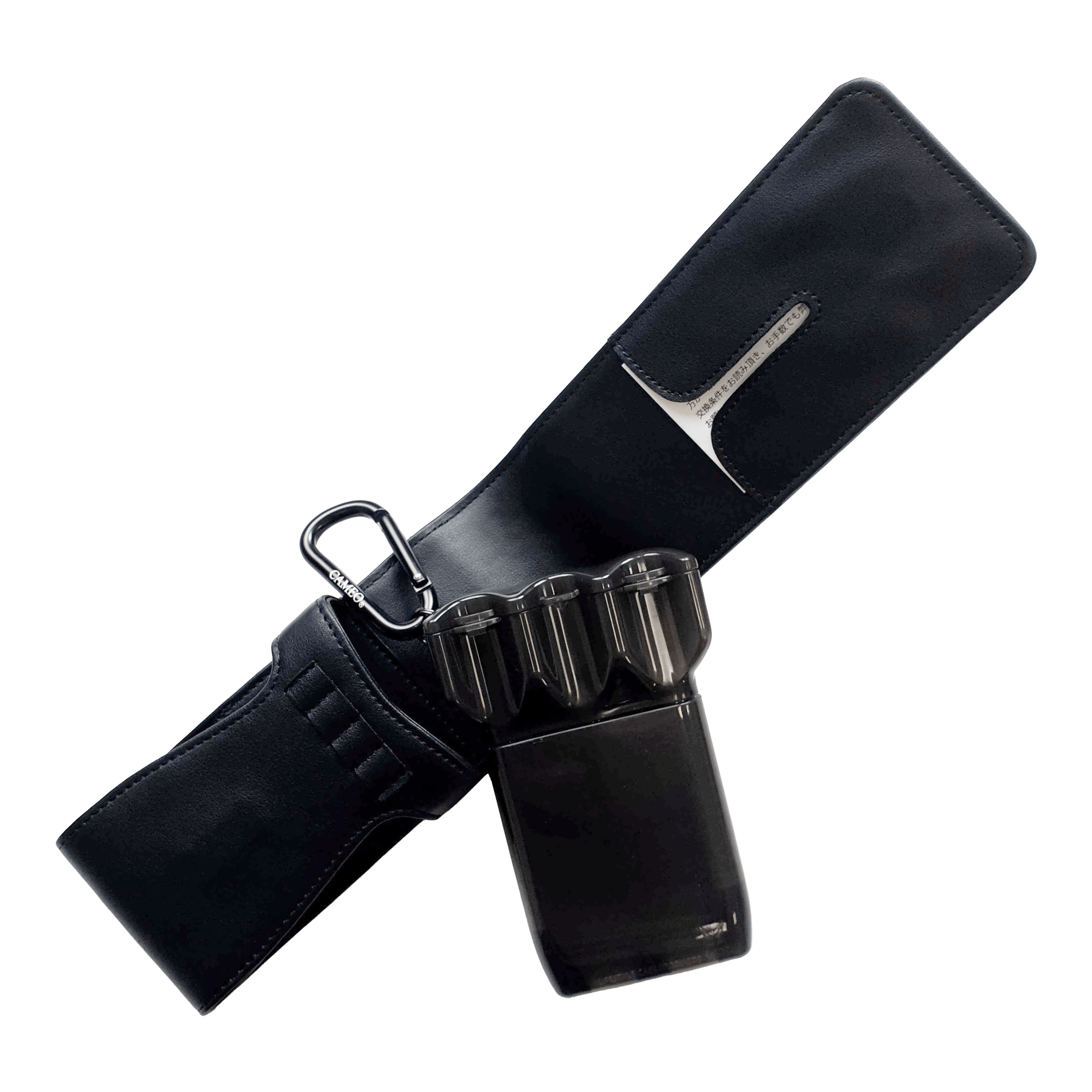 Cameo Thread Dart-hoesje Das Bild zeigt ein schwarzes Dart-Etui mit einem Kunststoff-Behälter und Karabiner. Das Etui ist offen dargestellt, sodass das Innere sichtbar ist.