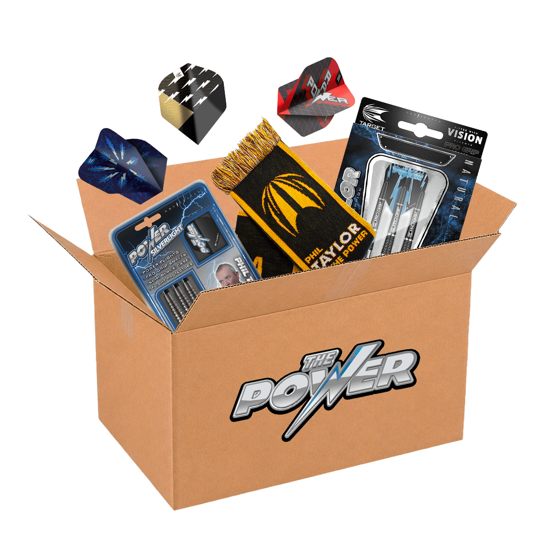 Zu sehen ist die McDart Mystery Box - Phil Taylor Softdart. Das Produkt richtet sich an Fans von Phil Taylor Softdarts.