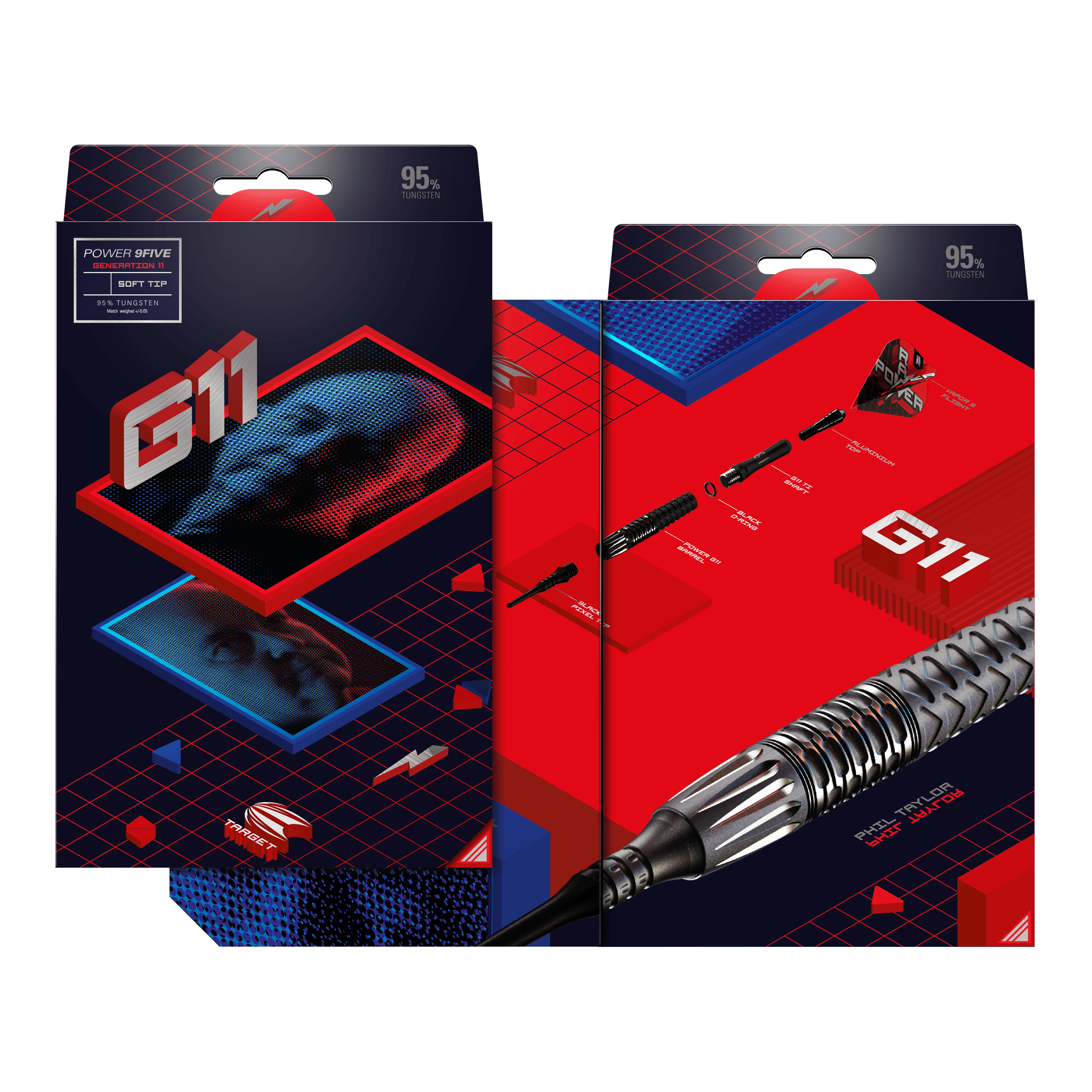 Die Verpackung zeigt moderne Grafiken und den Schriftzug "G11" in großen Buchstaben. Auf der Rückseite ist ein Softdart mit seinen einzelnen Komponenten abgebildet.
