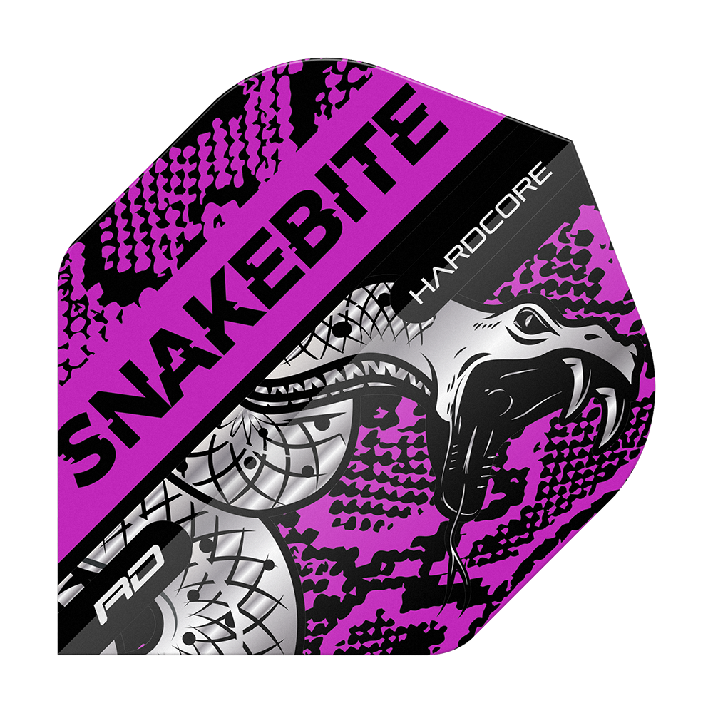 TF6566_Red_Dragon_Hardcore_Snakebite_Coiled_Snake_Purple_Standard_Flights_1z3BPmg7UKG0zS Dieses Bild zeigt ein Dart-Flight mit dem Namen "Red Dragon Hardcore Snakebite Coiled Snake Purple Standard Flights". Das Design ist lila, schwarz und silbern mit einer auffälligen Schlange und der Aufschrift "SNAKEBITE" und "HARDCORE".