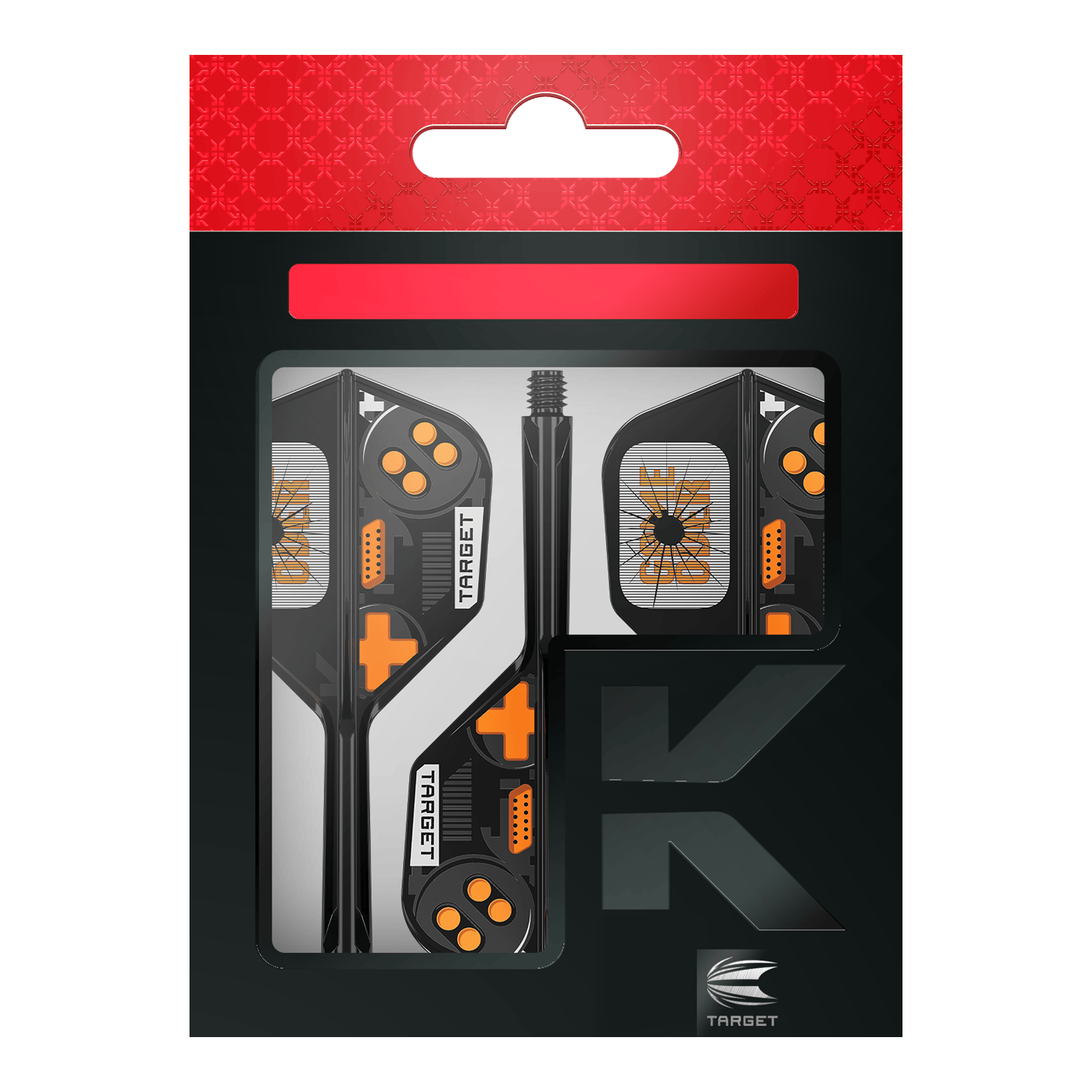 Target K-Flex Game Over No6 Flights Hier sieht man die Target K-Flex Game Over No6 Flights. Es handelt sich um Dart-Flights mit auffälligem Muster.