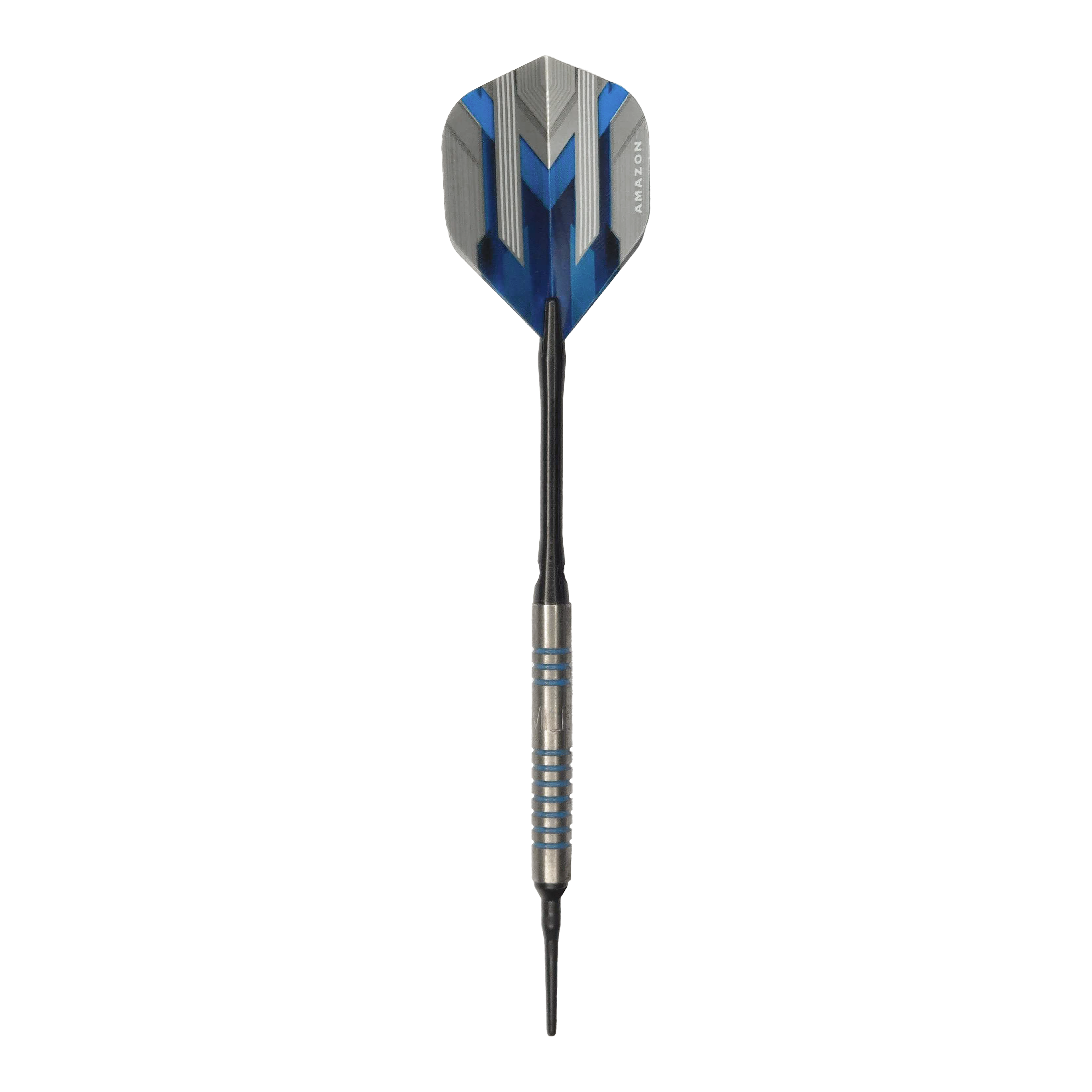 McDart 85 Tungsten V1 zachte darts - 17g Dies ist ein McDart 85er Tungsten V1 Softdart mit einem Gewicht von 17g. Der Dart hat blaue und silberne Akzente und eine schwarze Spitze.