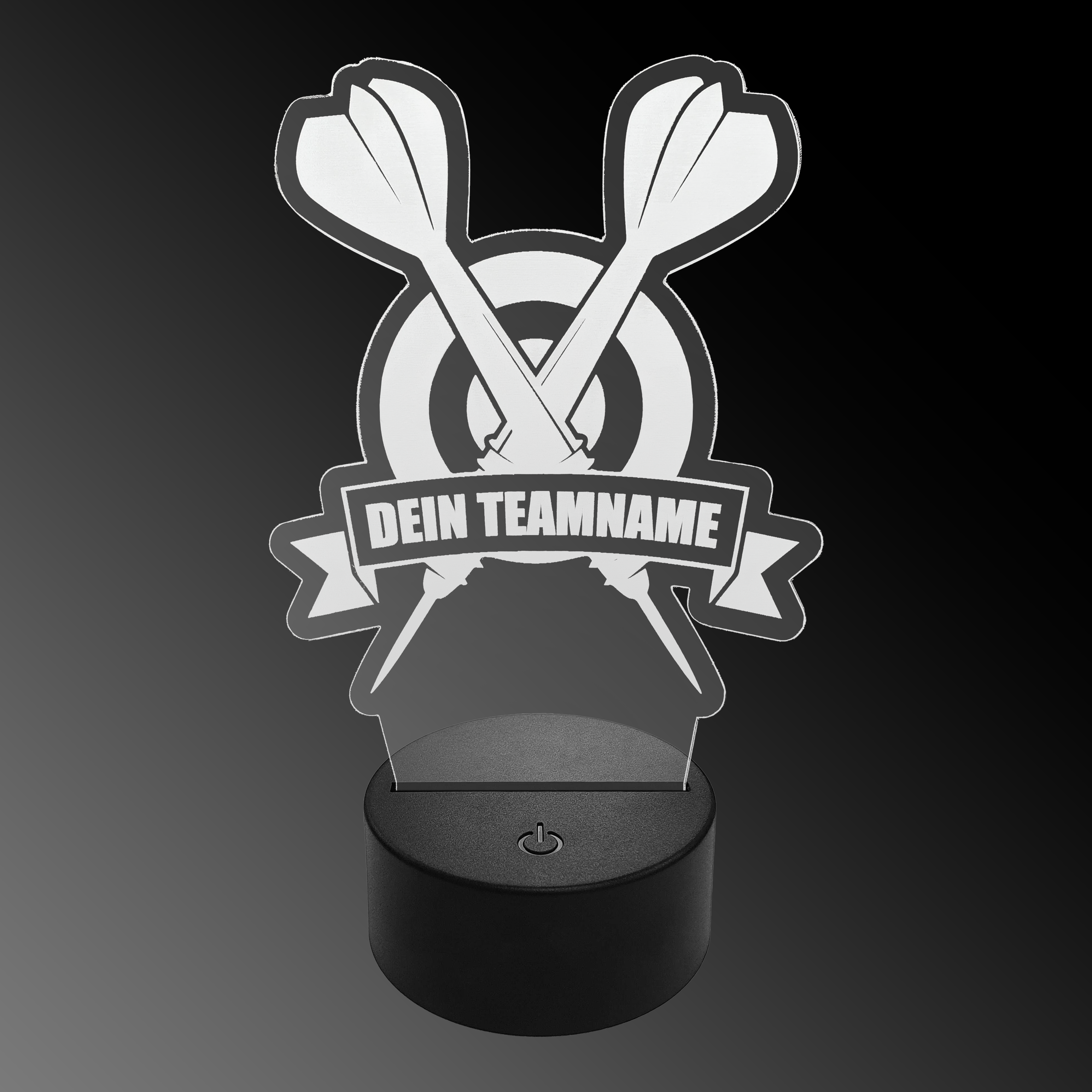 LED plexiglas dartlamp met aangepaste tekst Das Bild zeigt eine LED-Lampe aus Plexiglas in Form von zwei gekreuzten Dartpfeilen vor einer Zielscheibe. Auf einem Banner steht der Text "DEIN TEAMNAME".