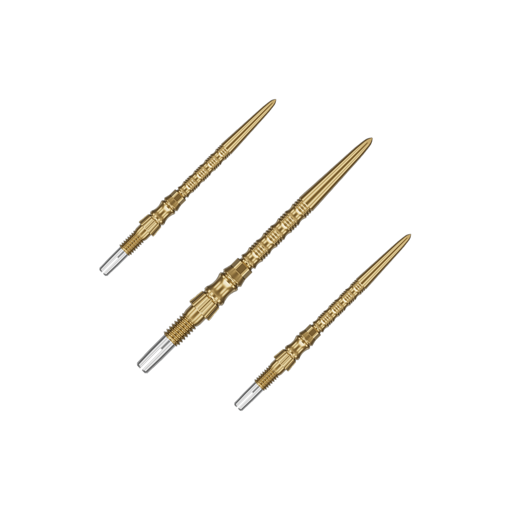 Target Signature Swiss Point TRB stalen dartpunten - goud Ein Set von Target SwissPoint Signature TRB Dartspitzen in Gold mit 30mm Länge ist zu sehen. Die Dartspitzen sind ordentlich angeordnet.