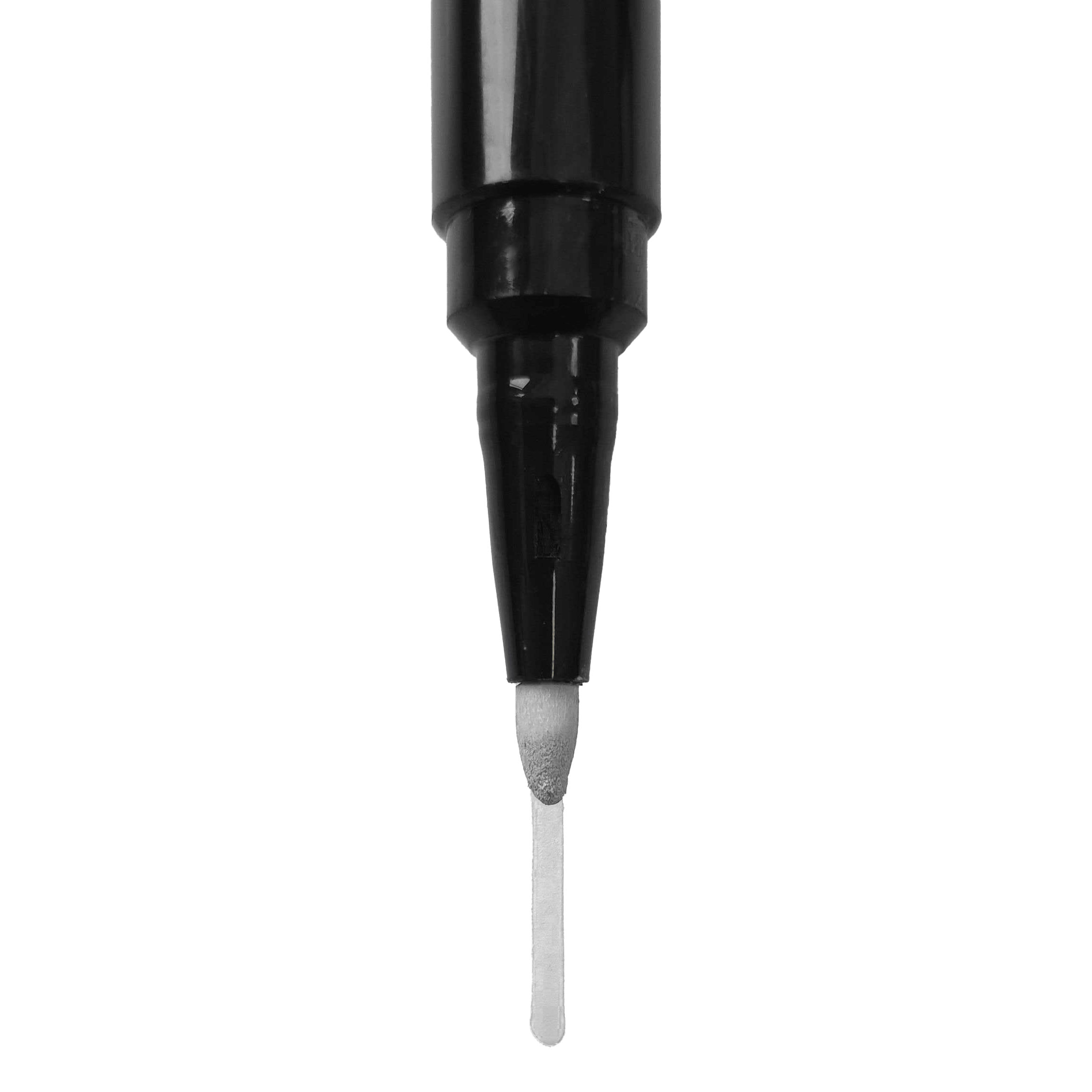 Bordmarker Dies ist die Spitze eines schwarzen Whiteboard-Markers. Die Spitze ist rund und gibt eine gleichmäßige, weiße Linie ab.