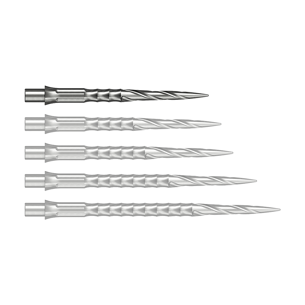 Caliburn System stalen dartpunten - Spiro - NoLip - zilver Das Bild zeigt wahrscheinlich eine 28 mm lange Steeldartspitze aus Silber. Die Spitze ist Teil des Caliburn Evo Systems und trägt die Bezeichnung Spiro NoLip.