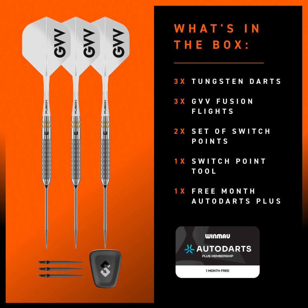 Winmau Gian Van Veen W-MAX Switch Point stalen dartpijlen Die Winmau Gian Van Veen W-MAX Switch Point Steeldarts sind hier von der Seite zu sehen. Die Darts liegen auf einer hellen Oberfläche.