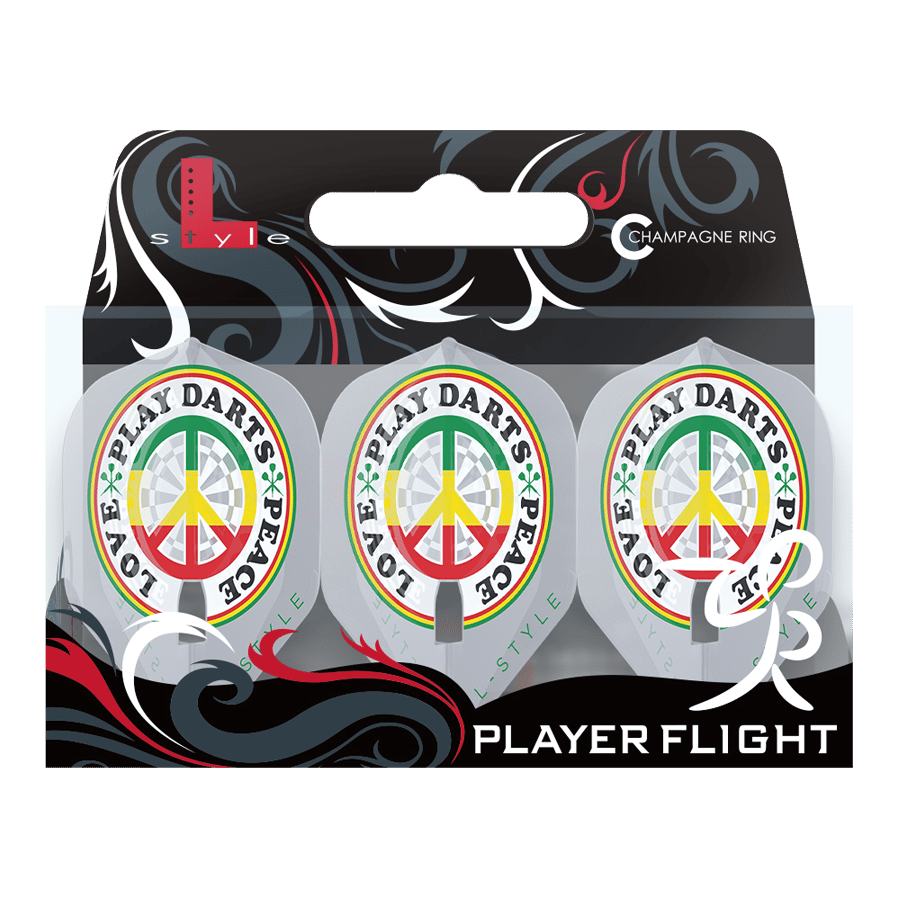 L-stijl Ryan Searle V3 L1PRO helder zwarte vluchten Das Bild zeigt die L-Style Deta Hedman V4 Clear White L1PRO Flights für Dartpfeile in einer Verpackung. Auf den Flights ist ein buntes Friedenszeichen mit den Worten "PLAY DARTS * PEACE * LOVE" abgebildet.