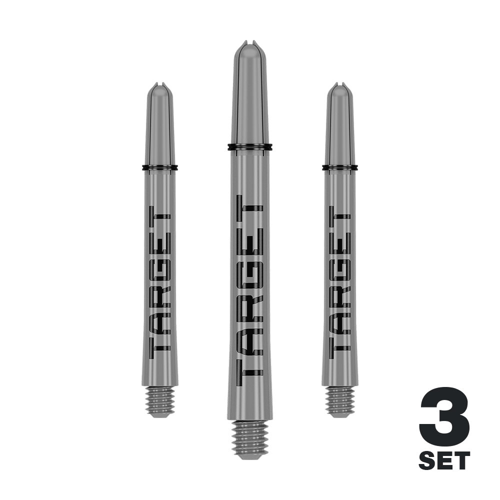 Das Bild zeigt drei graue Dartschäfte der Marke "Target". Unten rechts steht "3 Set", was auf ein Set mit drei Stück hinweist.