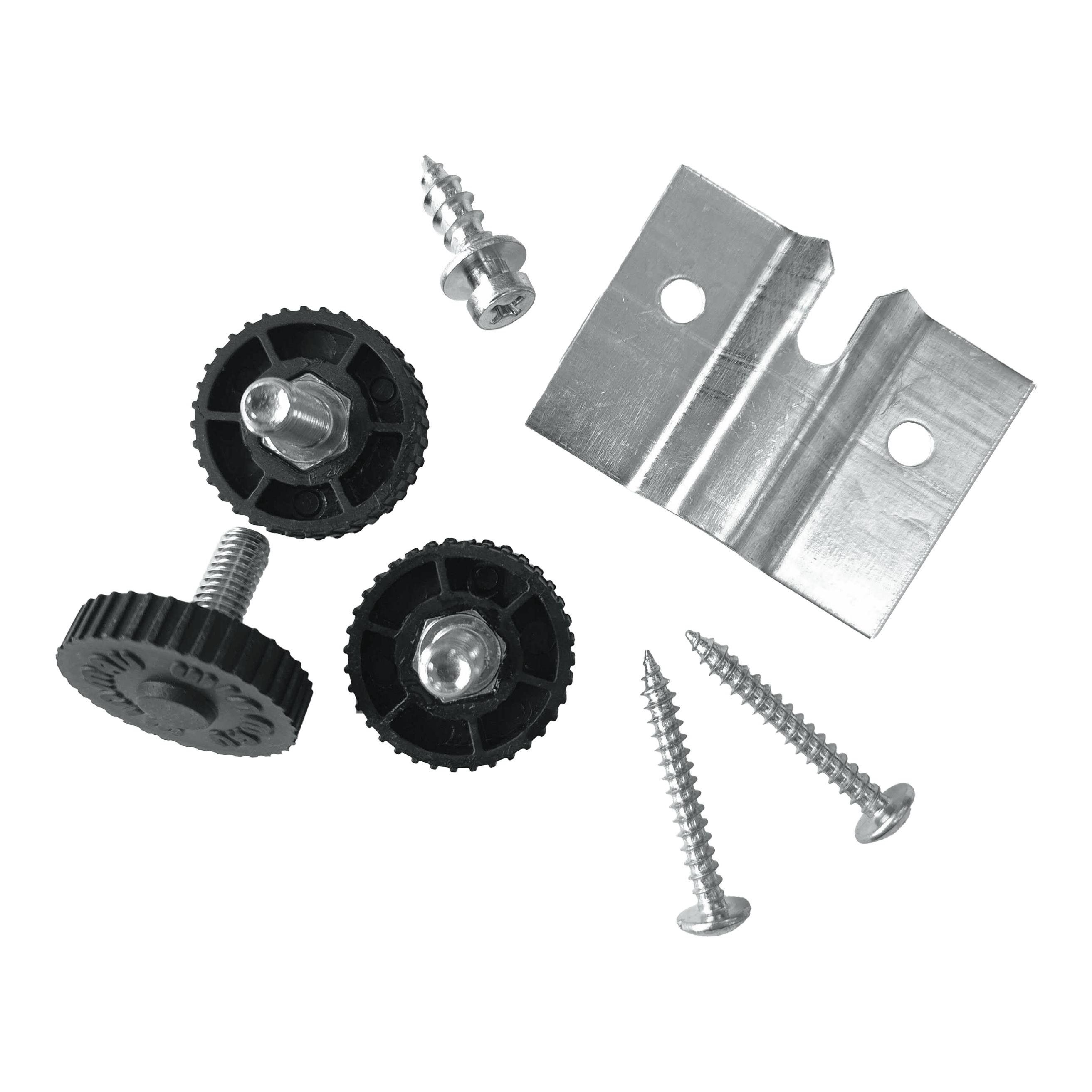 Winmau Rota-Lock Blade 6 wandmontage Das Bild zeigt das Winmau Rota-Lock Blade 6 Wandhalterungs-Set mit Schrauben, Kunststoffrädern und einer Metallhalterung. Es sind alle benötigten Teile zur Befestigung eines Dartboards an der Wand abgebildet.