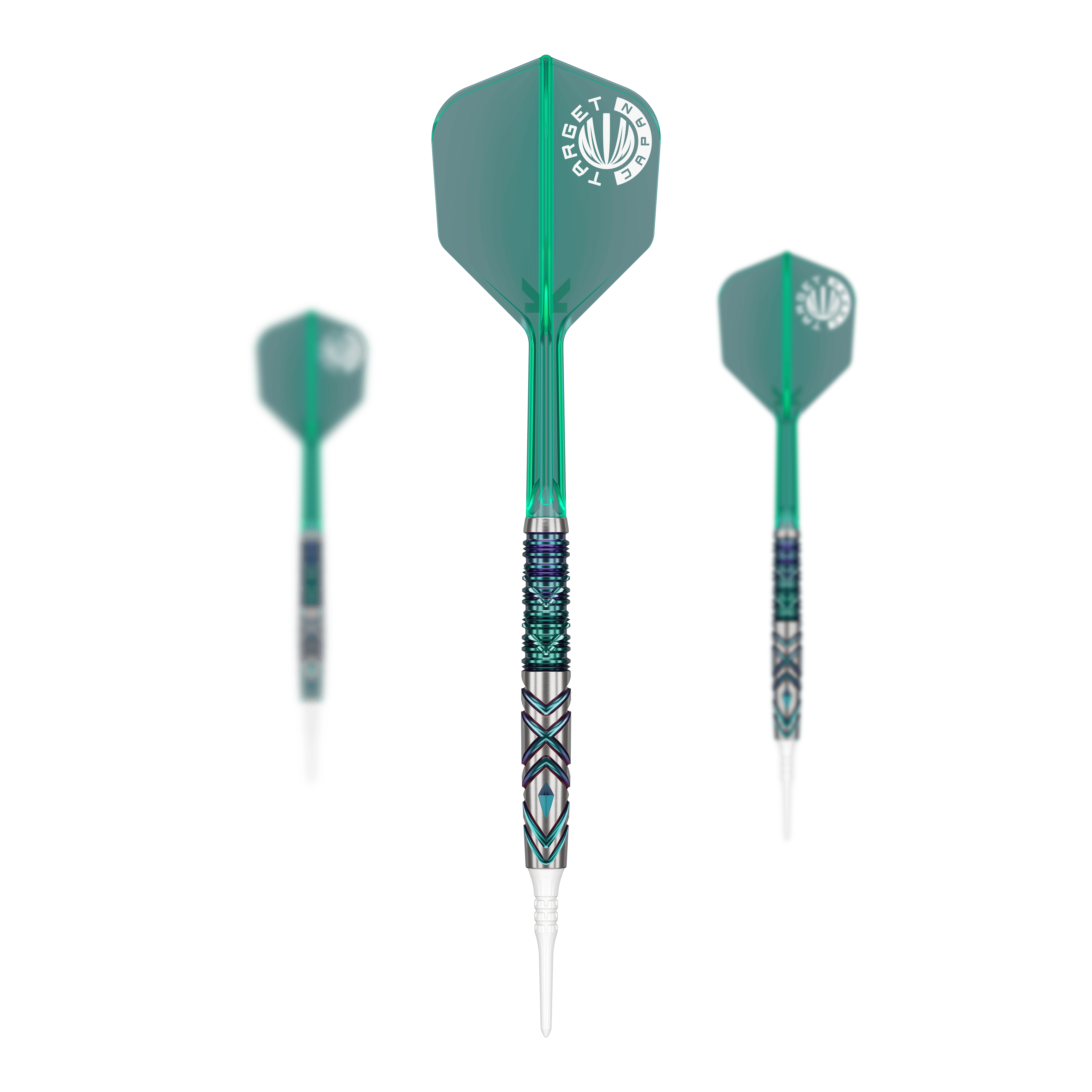 Das Bild zeigt drei Softdarts des Produkts „Target Japan Mikuru Suzuki Miracle GEN6 Lite Softdarts - 19g“. Die Darts haben grüne Flights und ein farbenfrohes, gemustertes Barrel-Design.