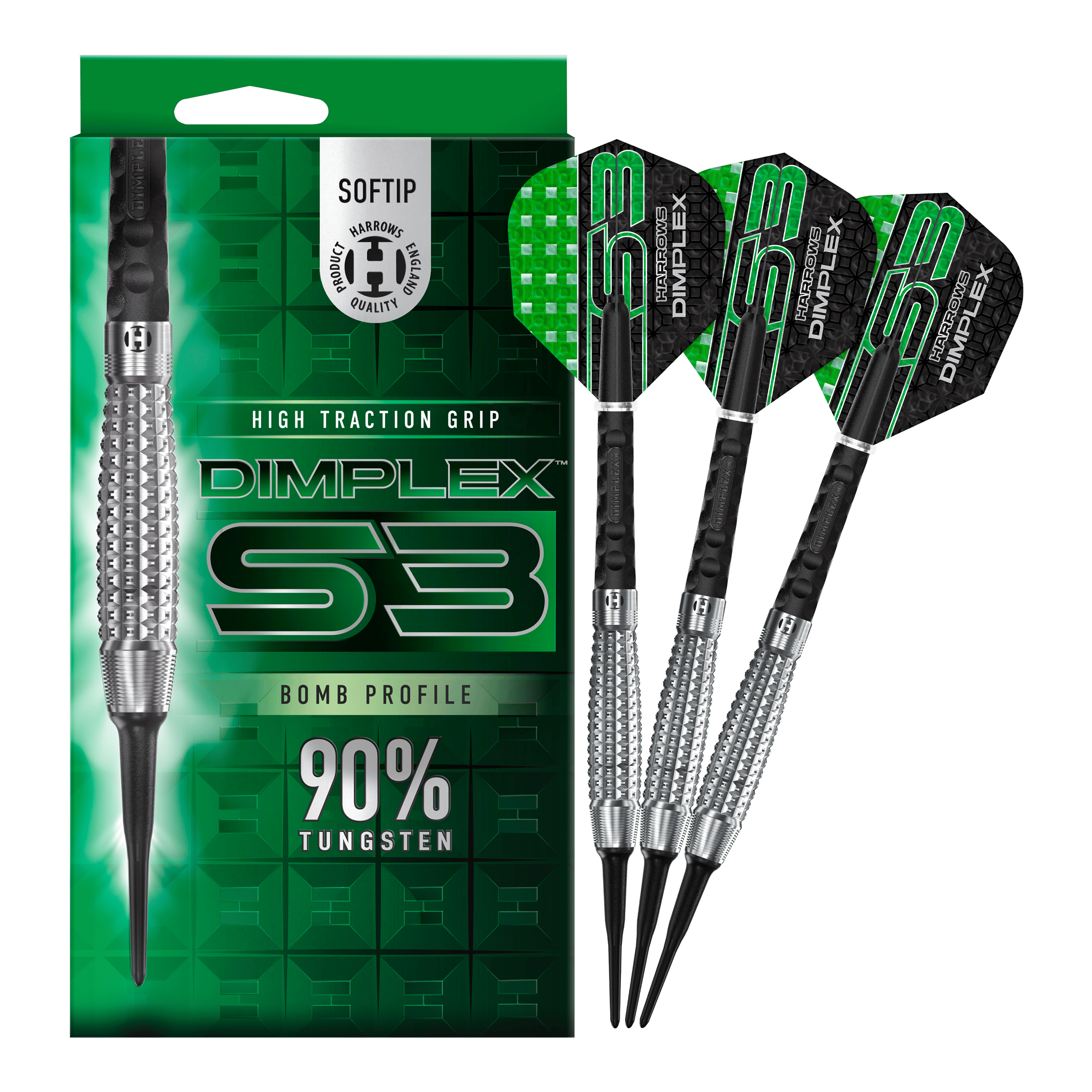 Harrows Dimplex S3 Bomb zachte darts Auf dem Bild sind die Harrows Dimplex S3 Bomb Softdarts und ihre Verpackung zu sehen. Die Darts haben einen hohen Grip und bestehen zu 90% aus Tungsten.