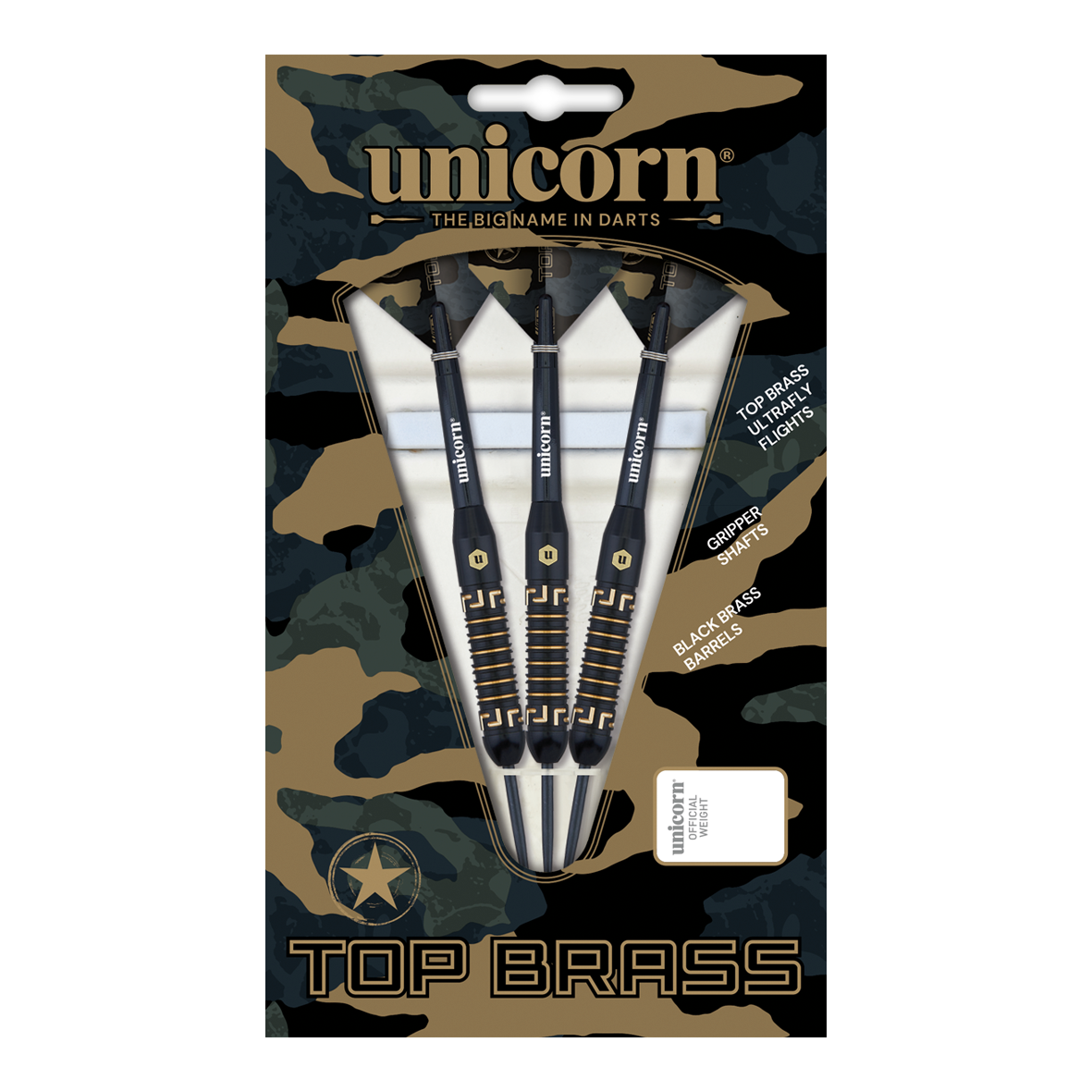 Das Bild zeigt die "Unicorn Top Brass V1 Steeldarts - 20g" in einer Verpackung mit Tarnmuster. Die Packung enthält drei schwarze Darts mit goldfarbenen Details.