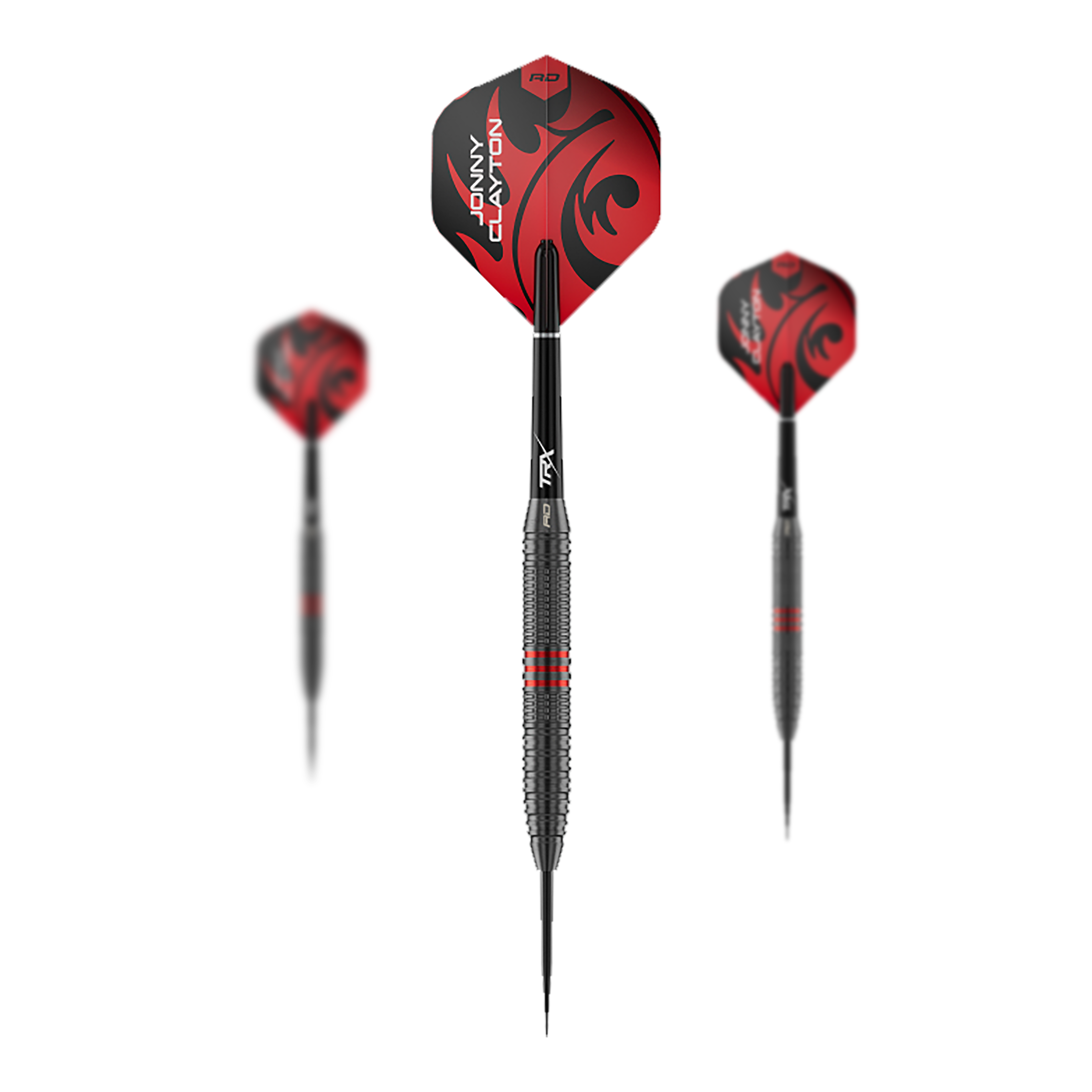 Das Bild zeigt ein Set der Red Dragon Jonny Clayton Core Brass Steeldarts mit 21g Gewicht. Es sind drei Darts mit goldener Griffzone und roten Flights dargestellt.