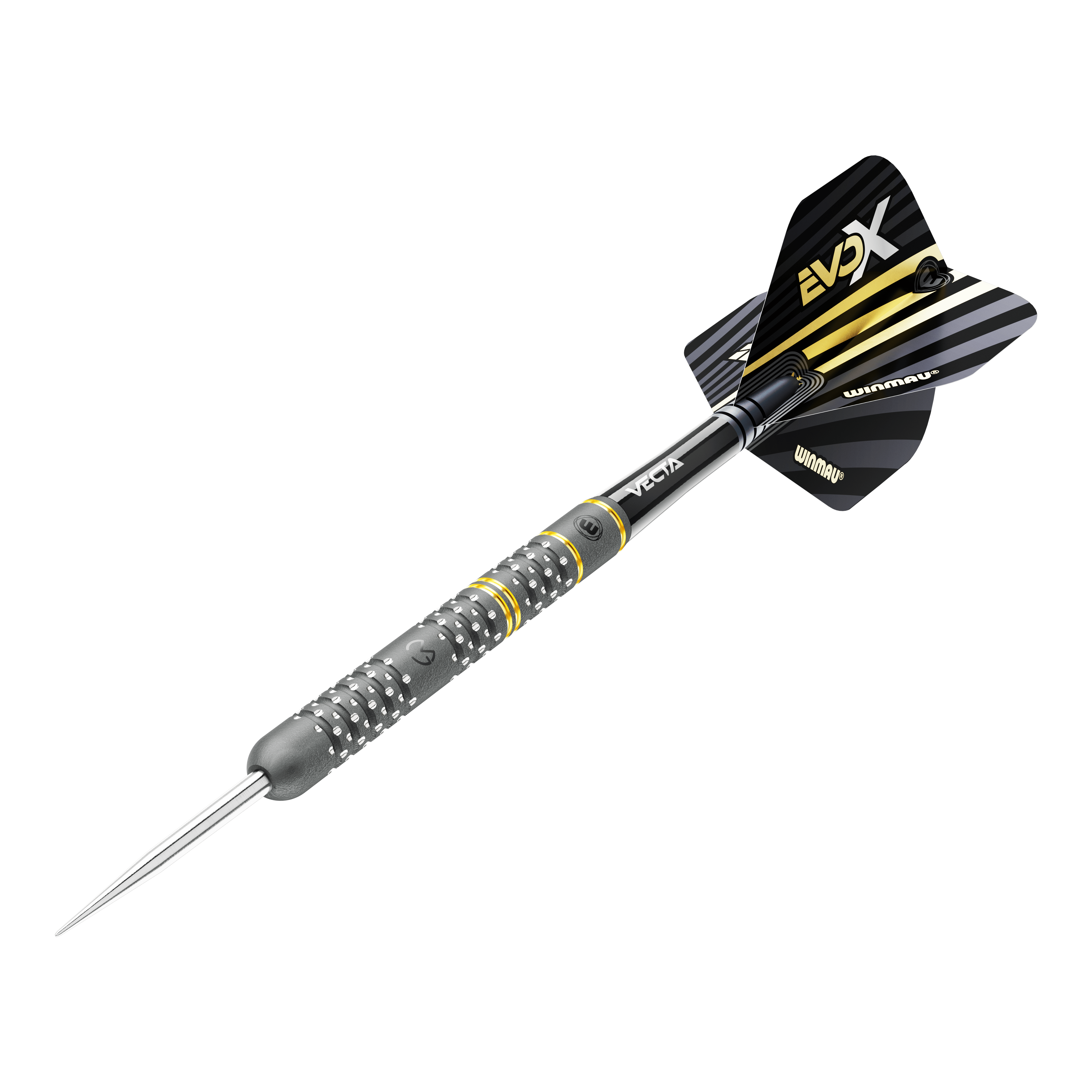 Winmau Michael Van Gerwen Evo-X stalen dartpijlen Das Bild zeigt einen Winmau Michael Van Gerwen Evo-X Steeldart. Der Dart hat ein schwarzes und gelbes Design mit metallischer Spitze und strukturierter Griffzone.