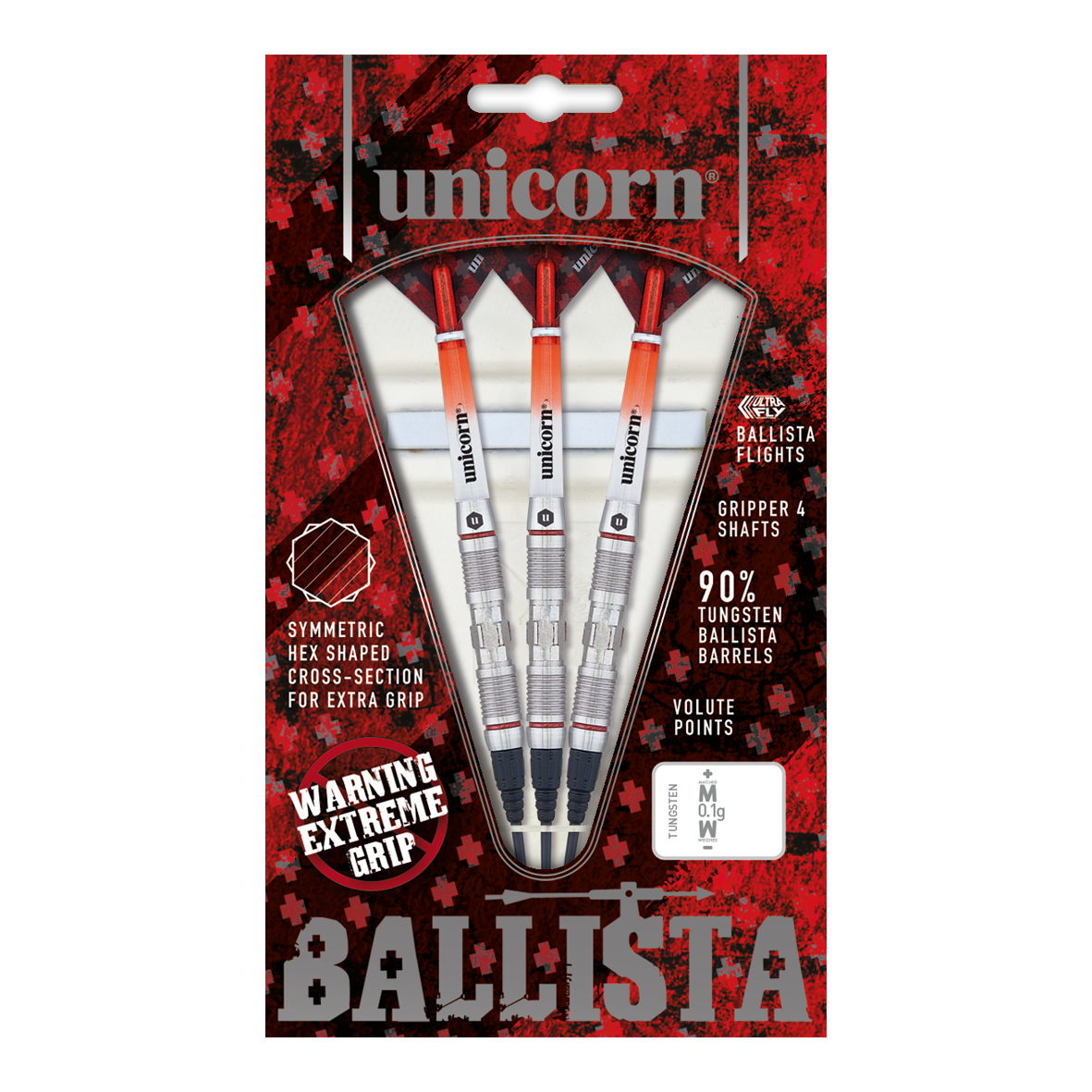 Unicorn Ballista Style 2 zachte darts Das Bild zeigt eine Packung „Unicorn Ballista Style 2 Softdarts“. In der Packung befinden sich drei Softdarts mit silbernen und orangenen Details.