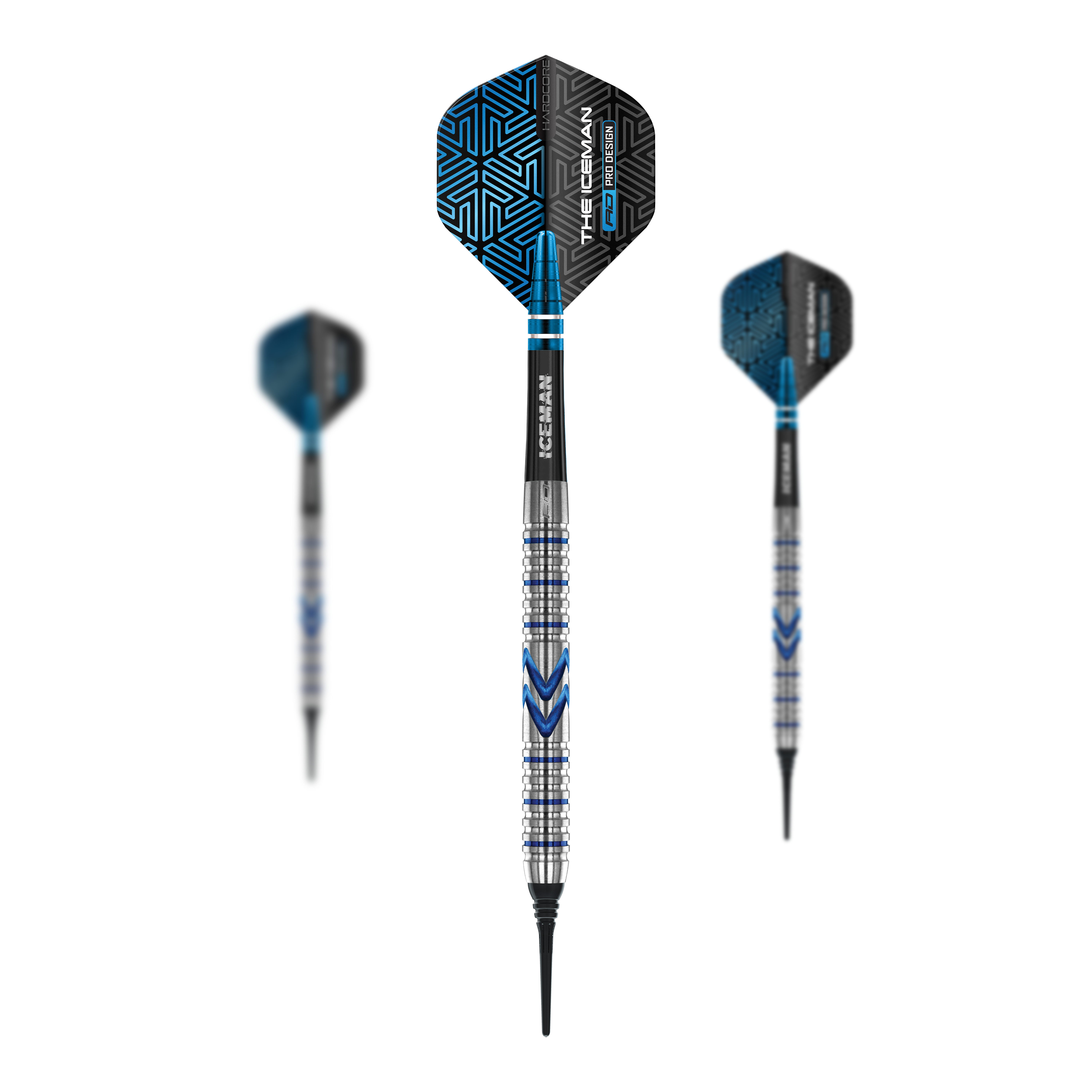 Red Dragon Gerwyn Price Iceman Midnight Edition Zachte Darts - 20g Das Bild zeigt drei Softdarts des Modells "Red Dragon Gerwyn Price Iceman Midnight Edition" mit 20g Gewicht. Die Darts sind silber, blau und schwarz und haben ein auffälliges, modernes Design.