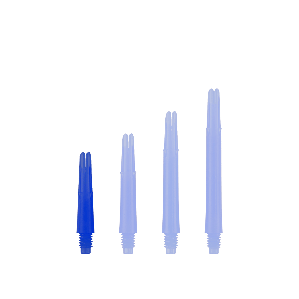 L-L-Style-Shafts Locked Straight - Blauw Auf dem Bild sind vier blaue, gerade Dartschäfte in unterschiedlichen Längen zu sehen. Sie stehen nebeneinander auf weißem Hintergrund.