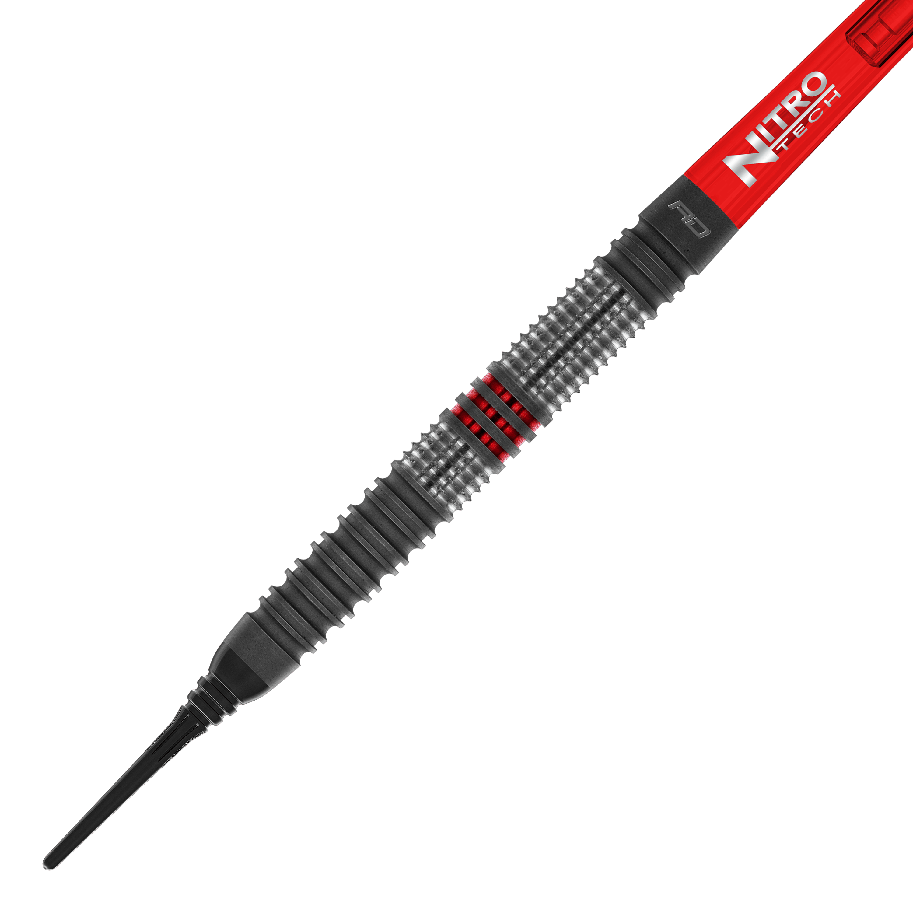 Red Dragon Jonny Clayton Hiraeth Zachte Darten - 20g Das Bild zeigt den Red Dragon Jonny Clayton Hiraeth Softdart mit einem Gewicht von 20 Gramm. Der Dart hat ein silbernes Griffstück mit roten Akzenten und einen roten Schaft mit der Aufschrift "Nitro Tech".