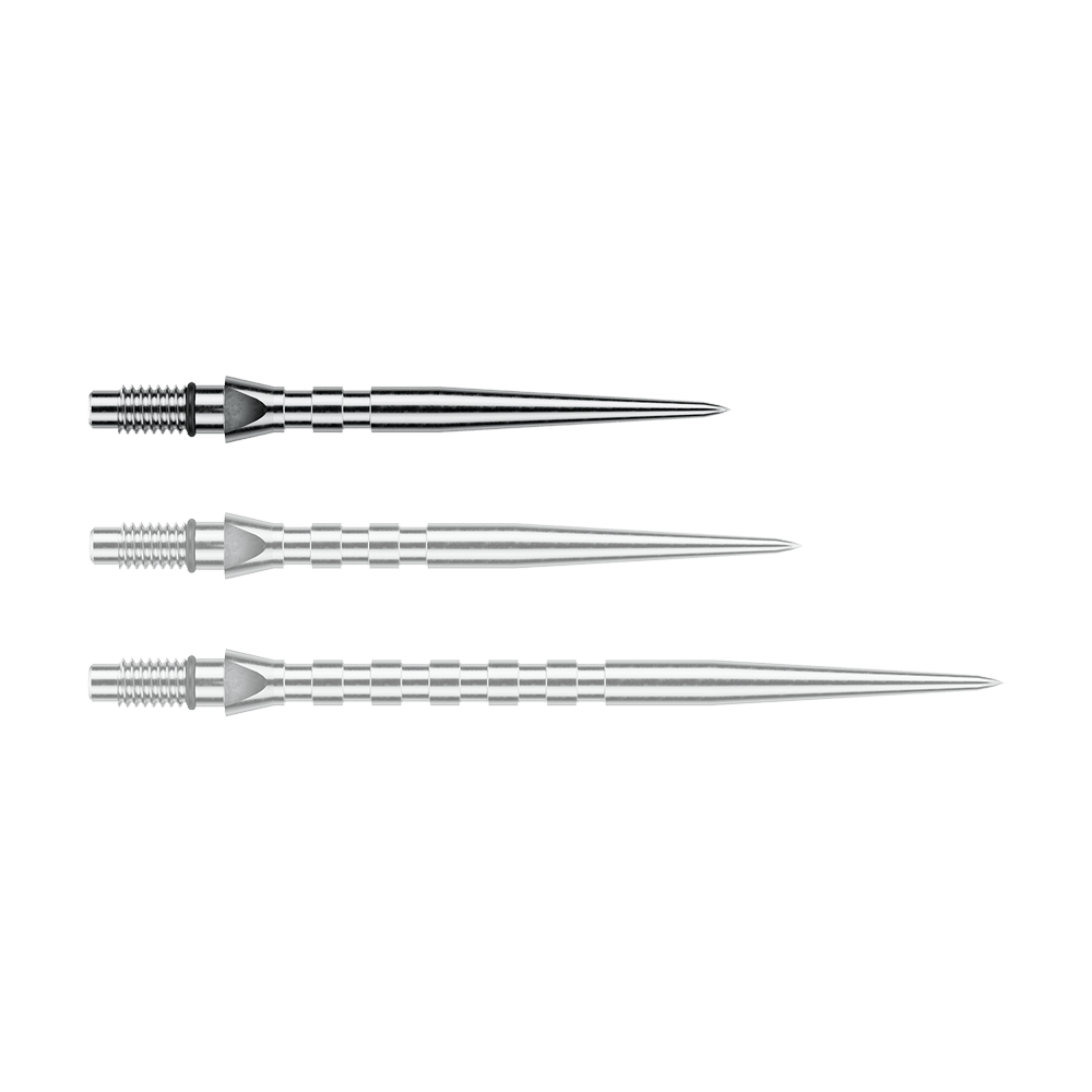 Winmau Switch Point Groove stalen dartpunten - Zilverkleurig effect Abgebildet ist eine einzelne silberne Steeldartspitze mit Rillen, vermutlich vom Typ 'Switch Point Groove Silver Effect' und 26mm. Diese Spitze eignet sich für Steeldarts.