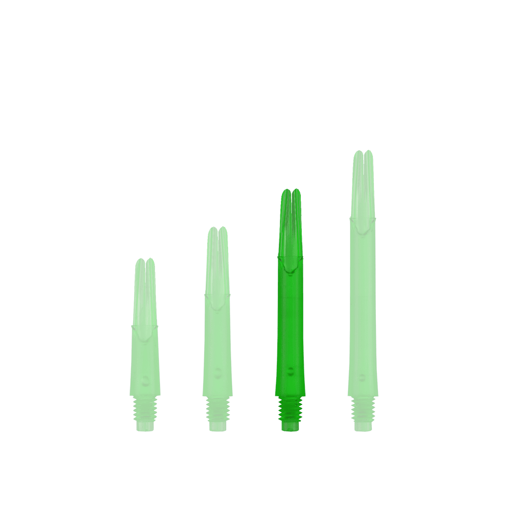 L-Style L-schachten vergrendeld recht - Groen Auf dem Bild sind vier grüne, gerade Dartschäfte in unterschiedlichen Längen zu sehen. Sie stehen nebeneinander und sind ohne Kappen dargestellt.
