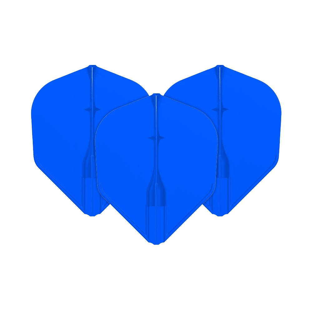 L-L-Style3EZ-vluchten Das Bild zeigt drei blaue Dartflights, die nebeneinander angeordnet sind. Sie haben eine klassische, leicht abgerundete Form.