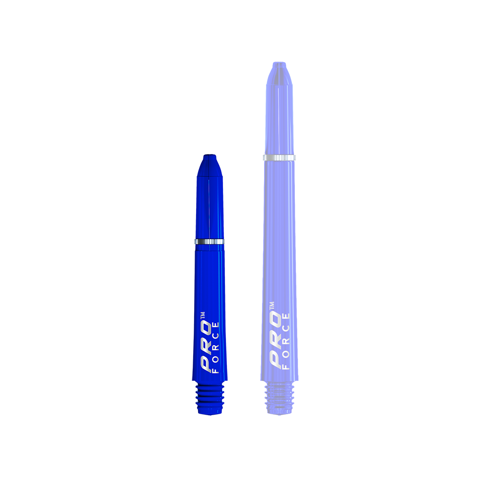 Das Bild zeigt zwei blaue Dartschäfte des Modells "Winmau Pro-Force Shafts". Auf den Schäften steht in weißer Schrift "PRO FORCE".