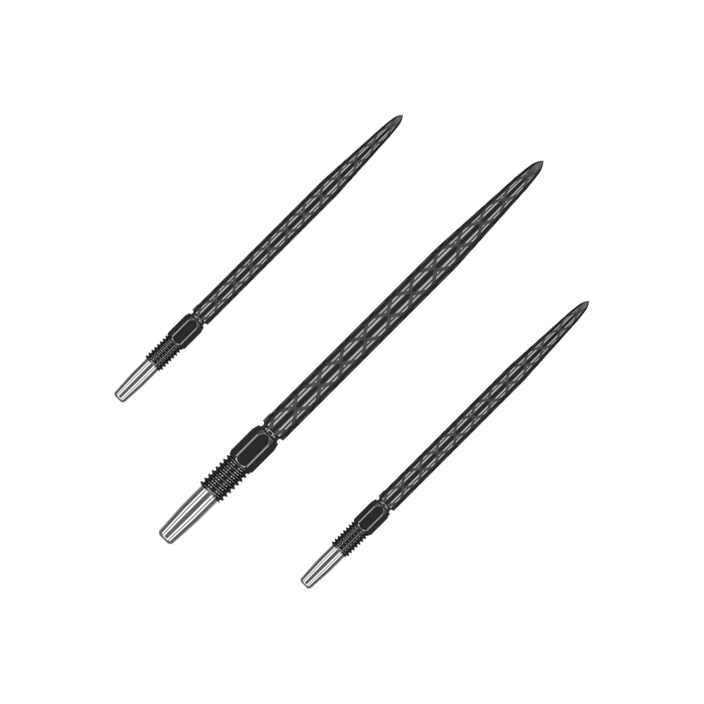 Das Bild zeigt drei schwarze Dartspitzen mit einem diamantförmigen Muster. Sie sind in unterschiedlichen Winkeln angeordnet und haben einen metallischen Befestigungsbereich.