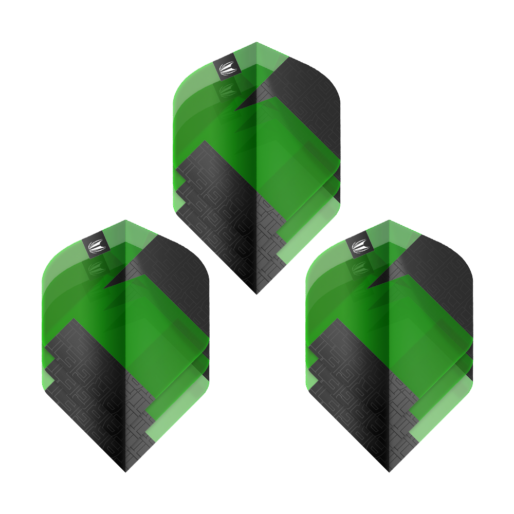 Das Bild zeigt drei grüne und schwarze Dart-Flights des Modells "Target Pro Ultra TAG Grün No2 Standard". Es handelt sich um ein Set mit drei Flights, die ein modernes, geometrisches Design haben.
