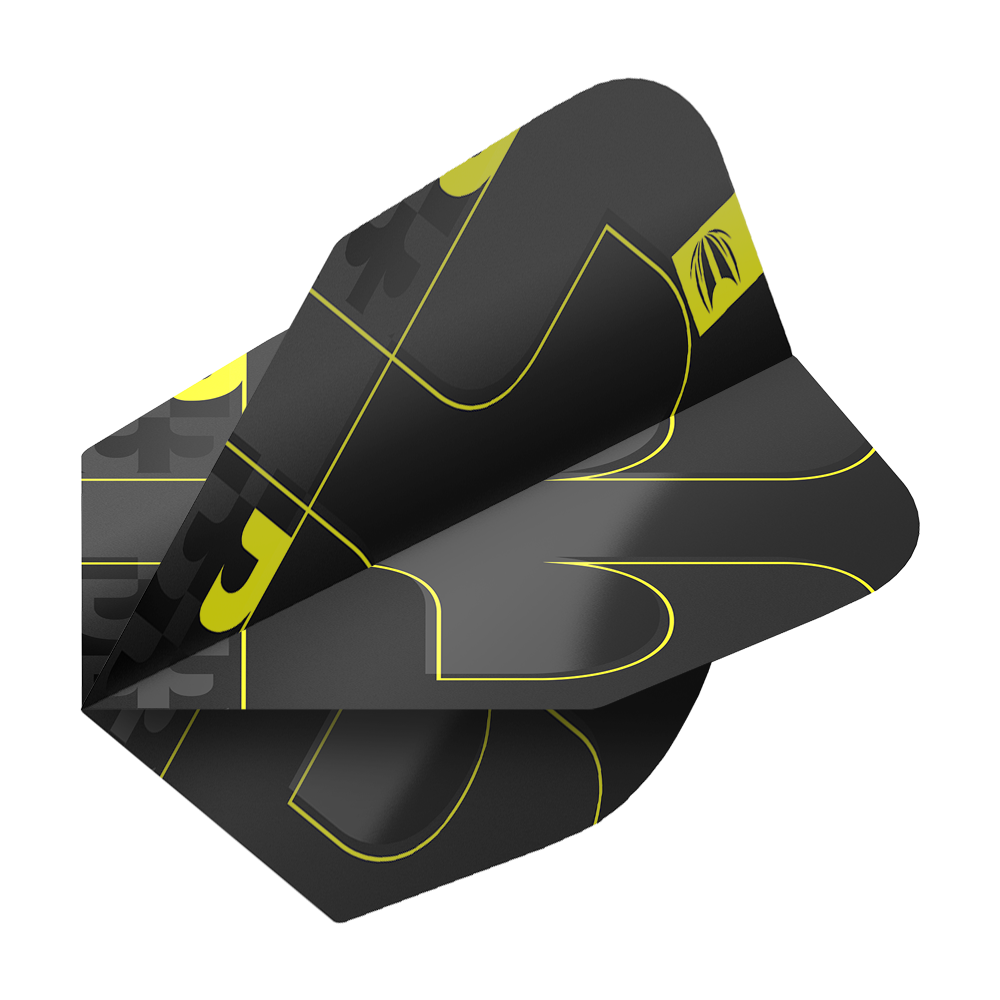 Target ProUltra Bolide Void No6 Vluchten Das Bild zeigt die Target ProUltra Bolide Void No6 Flights in einem modernen Design. Die Flights sind schwarz mit gelben Linien und grafischen Elementen gestaltet.