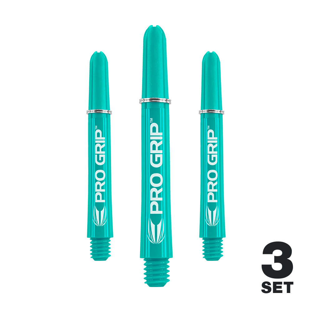 Target Pro Grip Shafts - 3 sets - Aqua Das Bild zeigt drei türkisfarbene PRO GRIP Shafts für Dartpfeile. Unten rechts steht "3 SET" in schwarzer Schrift.