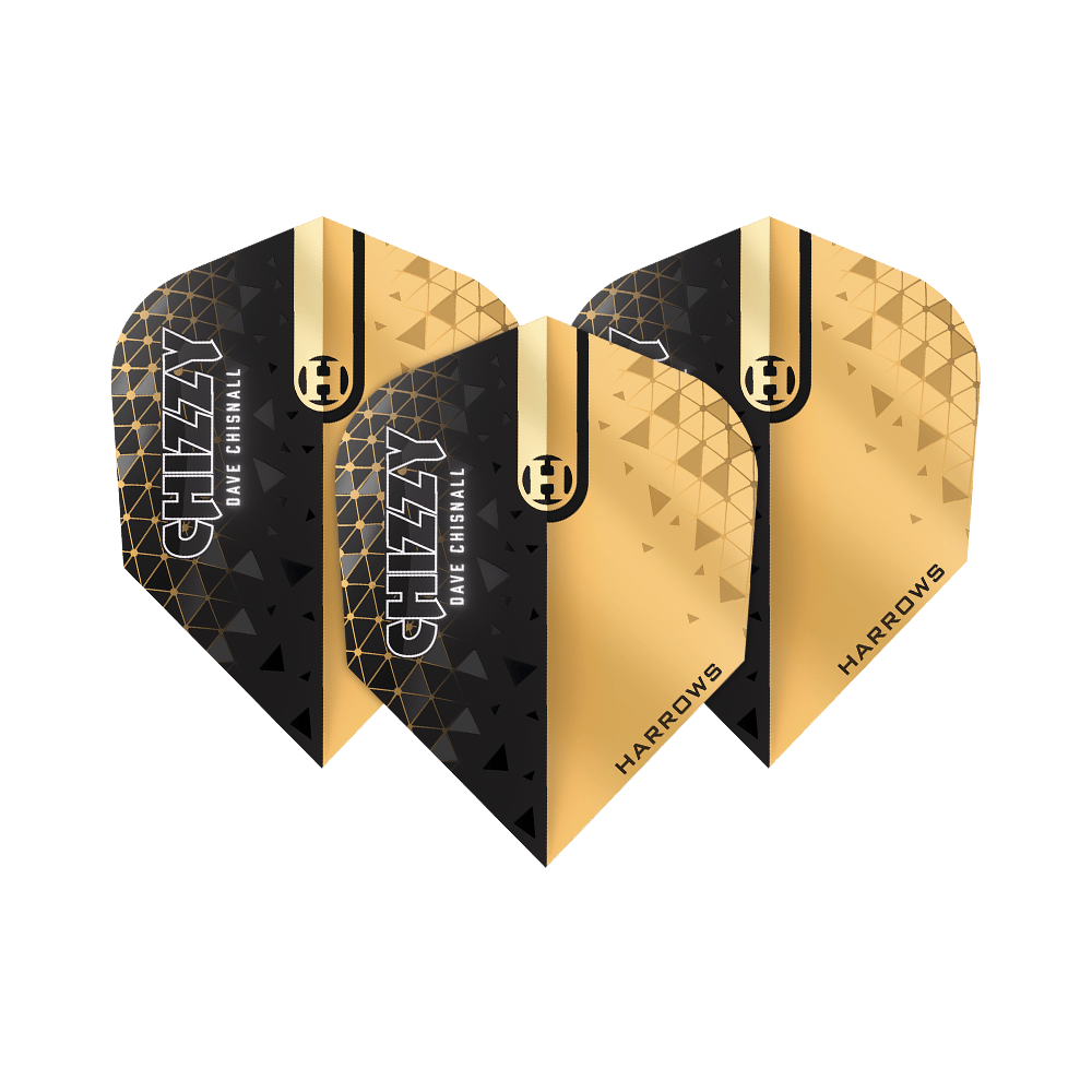 Harrows Prime Dave Chisnall Chizzy 2 nr. 6 Vluchten Das Bild zeigt die Harrows Prime Dave Chisnall Chizzy 2 No6 Flights. Die Flights sind in Schwarz und Gold gestaltet und tragen die Aufschrift "CHIZZY DAVE CHISNALL" sowie "HARROWS".