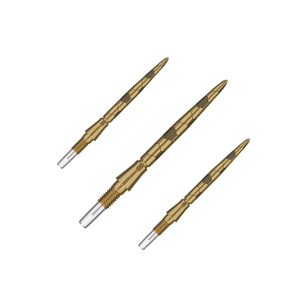 Target Swiss Storm Onyx Point Dartpunten - Goud Auf dem Bild sind drei goldfarbene Dartspitzen mit einem strukturierten Muster zu sehen. Sie haben ein silbernes Schraubgewinde am Ende zum Befestigen an Dartpfeilen.