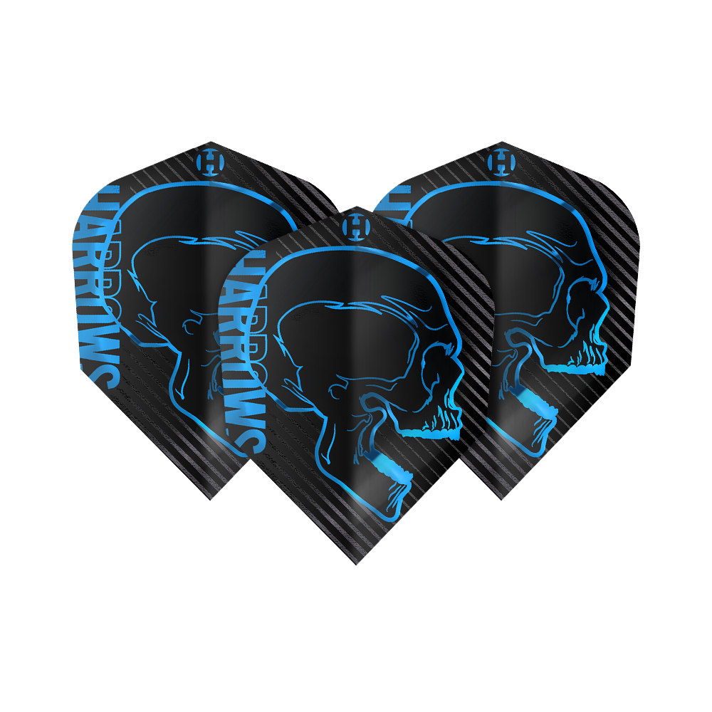Harrows Rage Aqua No. 6 Vluchten Das Bild zeigt drei schwarze Dart-Flights mit einem blauen Totenkopf-Design und dem Schriftzug "Harrows". Die Flights gehören zum Produkt "Harrows Rage Aqua No6".