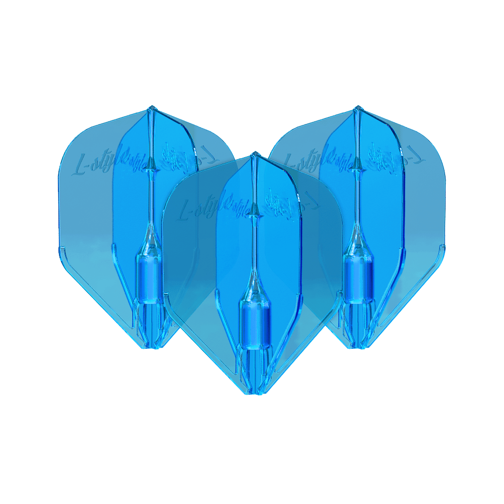 L-Style Fantom L3EZ Vluchten Blauw Das Bild zeigt drei blaue L-Style Fantom L3EZ Flights für Dartpfeile. Sie sind nebeneinander angeordnet und haben eine glänzende Oberfläche.